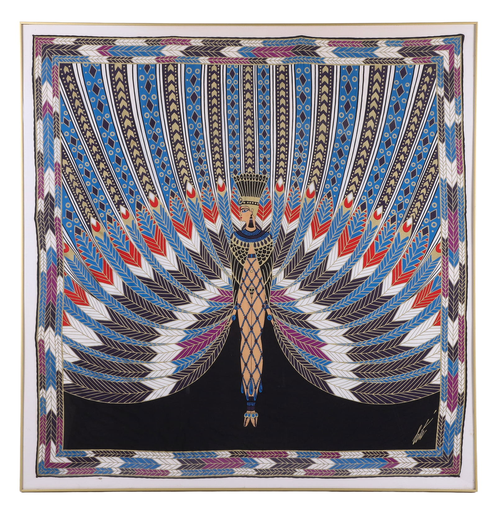 Romain (Erte) De Tirtoff Silk Scarf in Frame: Romain (Erte) De Tirtoff Silk Scarf in Frame, "The Nile" Egyptian Revival figure and pattern decorated silk scarf, in chevron trim, signed Erte at lower right, 35 3/4"H x 36 5/8"W