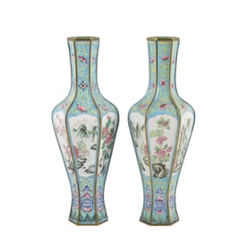 Chinese Cloisonne Hexagonal Paneled Vase Pair