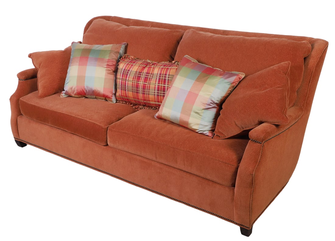 Hickory Chair Co. Jones Sofa: Hickory Chair Co. Jones sofa, upholstered in burnt orange mohair style fabric, nail head trim throughout, good condition, 38"H x 88"W x 36"D