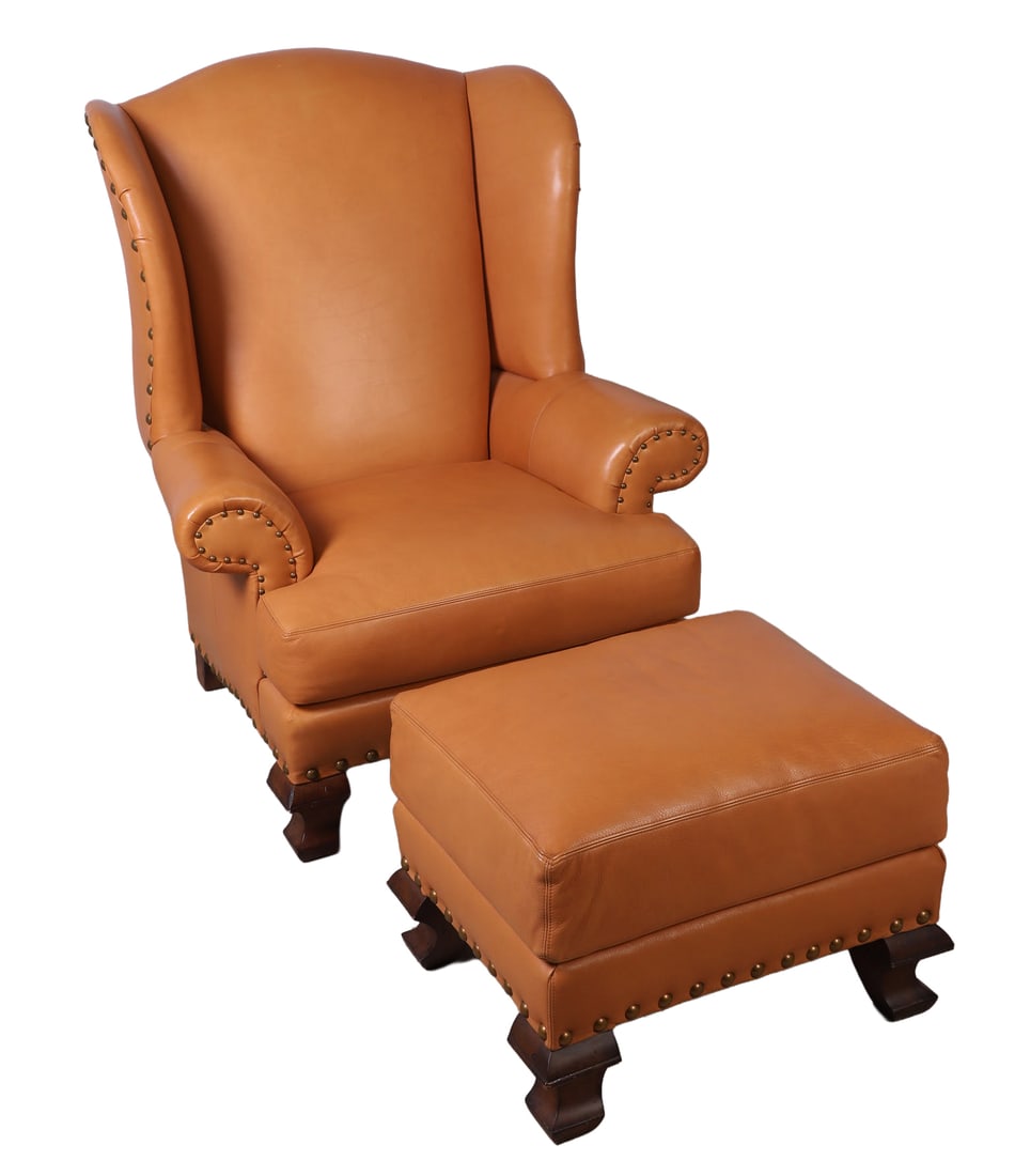 Pearson Leather Wing Chair and Ottoman: Pearson leather wing chair & ottoman, ochre leather upholstery with oversized nail head trim over stylized Cabriole legs, excellent condition, largest, 49"H x 42"W x 35"D