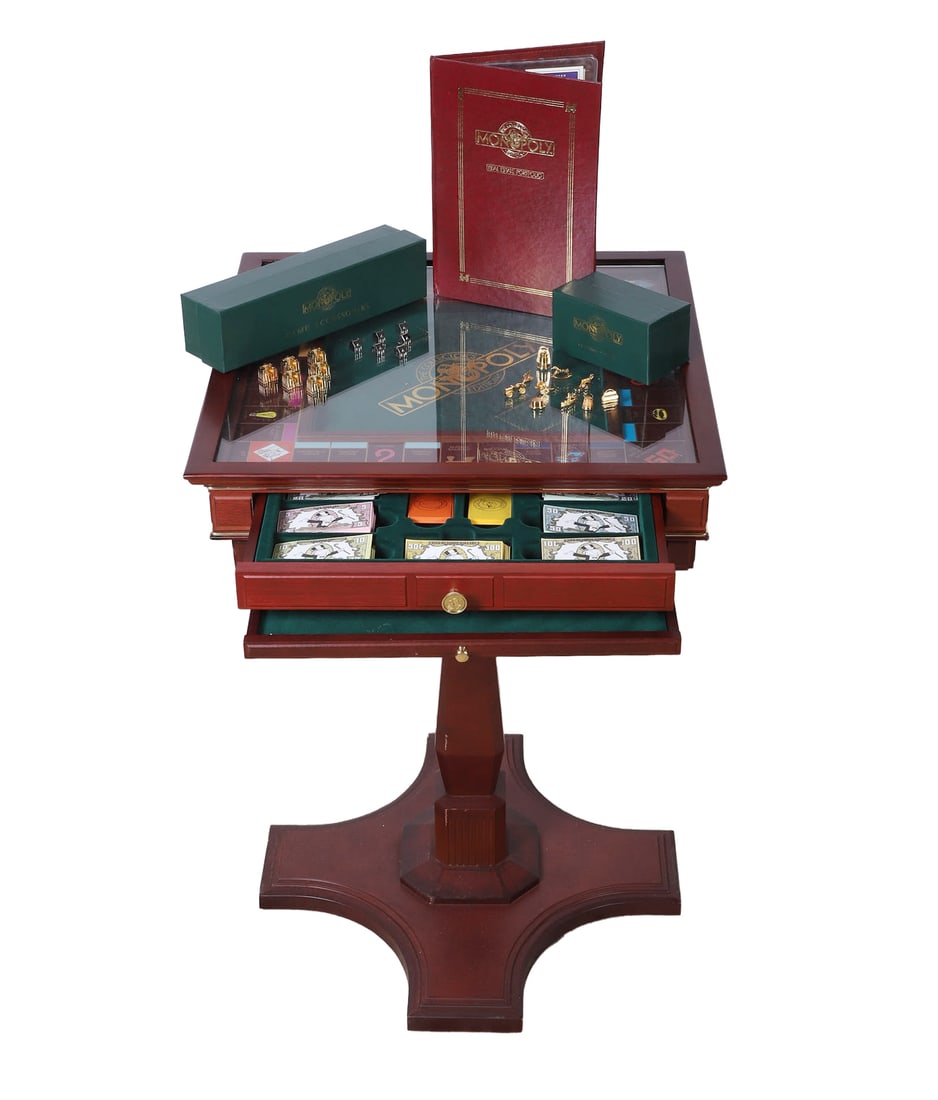 Franklin Mint Monopoly Games Table: Franklin Mint Monopoly games table, in three pieces, instruction booklet, games pieces, deeds, monopoly money, 31 1/2"H x 22"Sq.