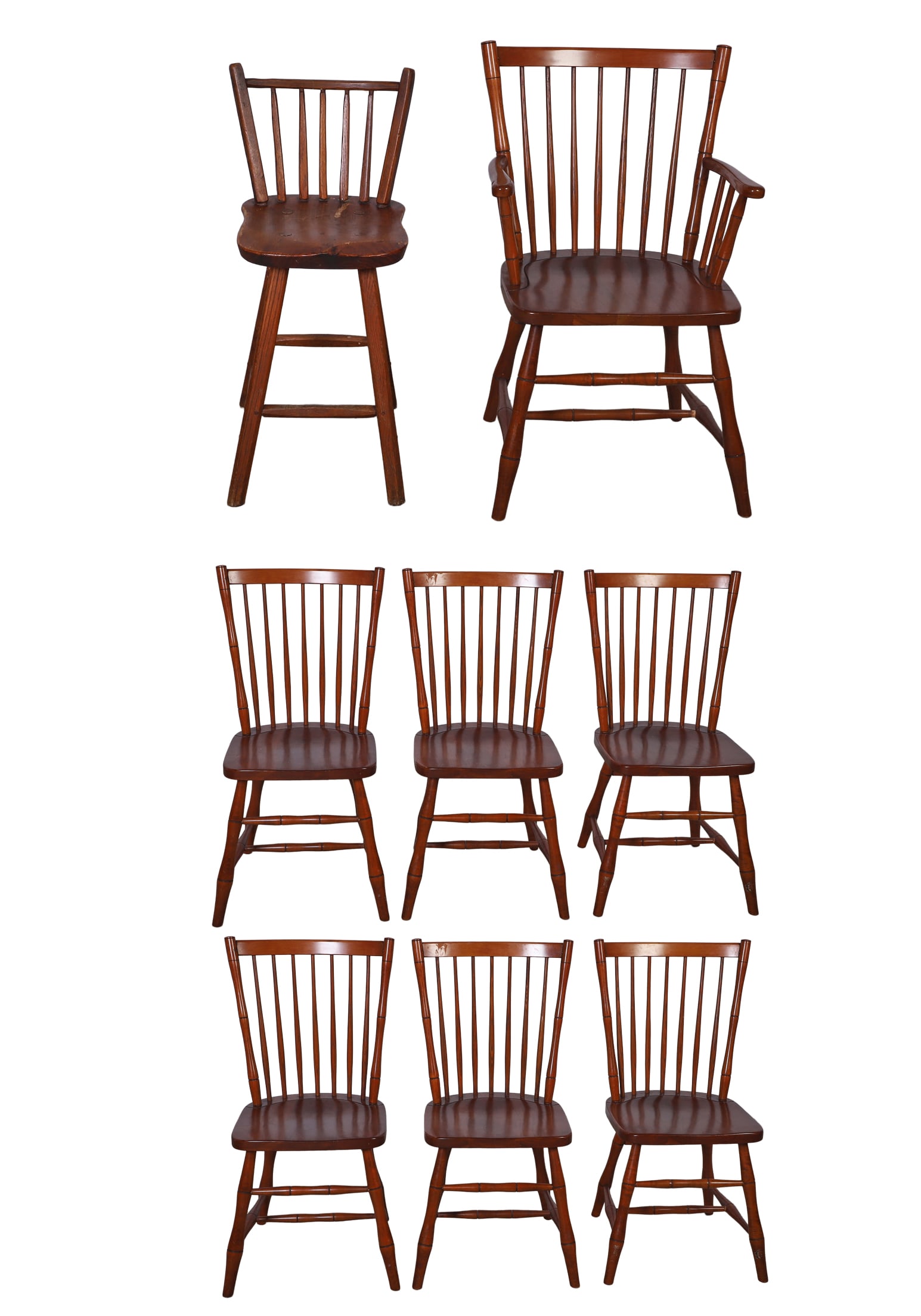 Set of (7) Stickley Dining Chairs: Set of (7) Stickley dining chairs, L,J, &G Stickley, Cherry Valley Collection, Windsor style dining chairs, one armchair, six side chairs, along with one, Hunt Country Furniture Adirondack style