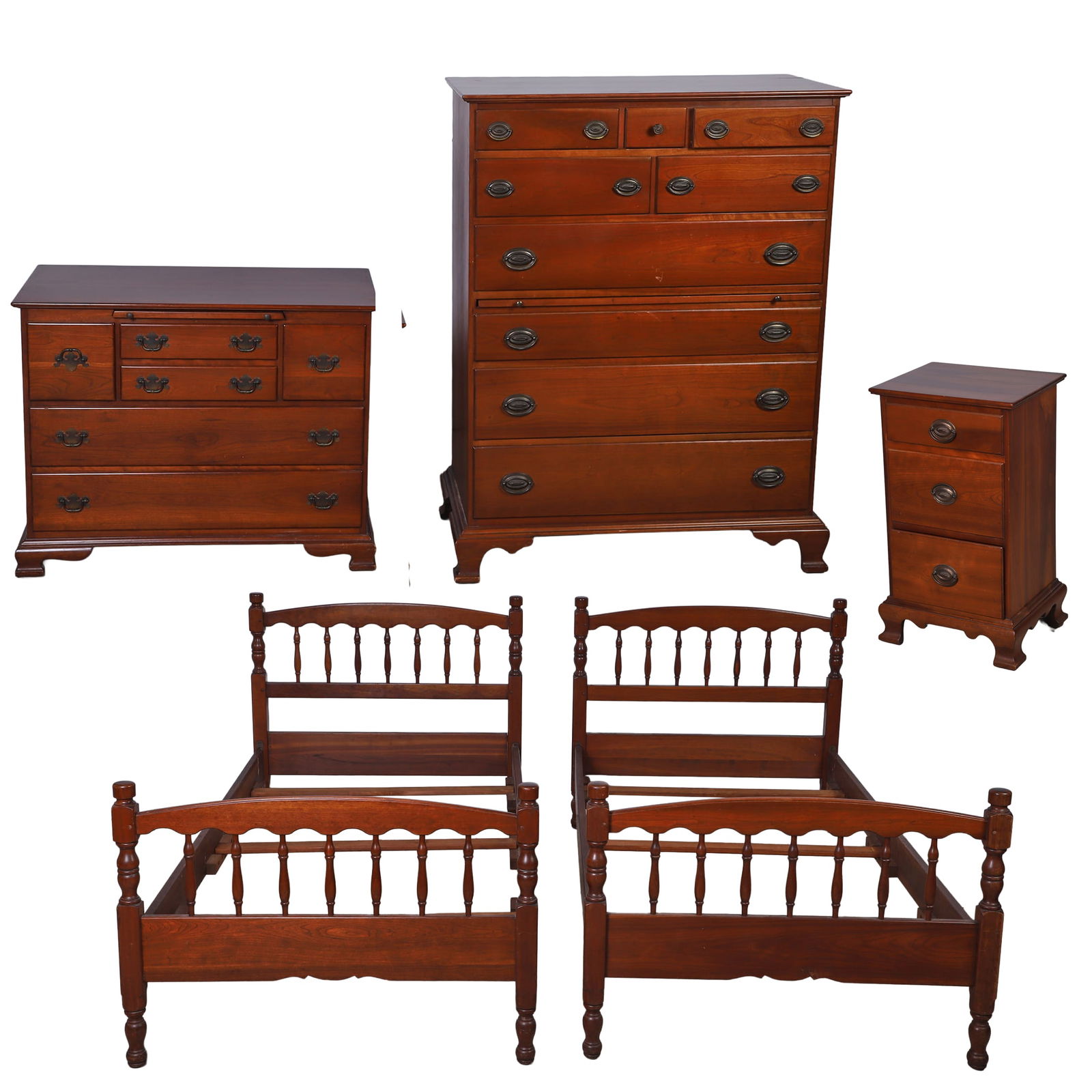 Stickley (5) Pc. Bedroom Suite: Stickley (5) Pc. bedroom suite, cherry, New England style, c/o, two, twin, 3/3 beds, turned spindle head and footboards, gravity lock side rails, notched for and including three slats each, one