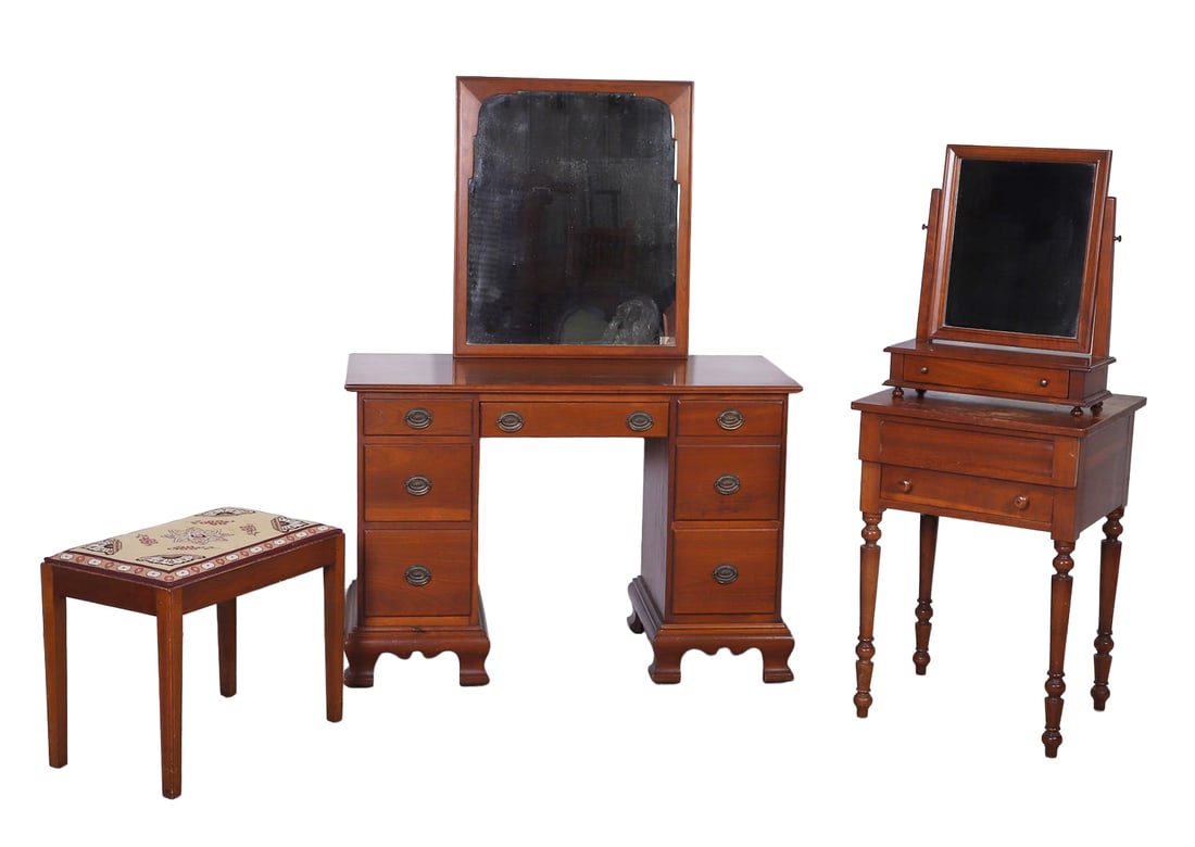 Stickley (5) Pc. Boudoir Grouping: Stickley (5) Pc. boudoir grouping, cherry, c/o, vanity/desk, kneehole, center drawer, flanked by one shallow drawer, over two deep drawers, bronze escutcheons, w/drop bails, stylized bracket foot
