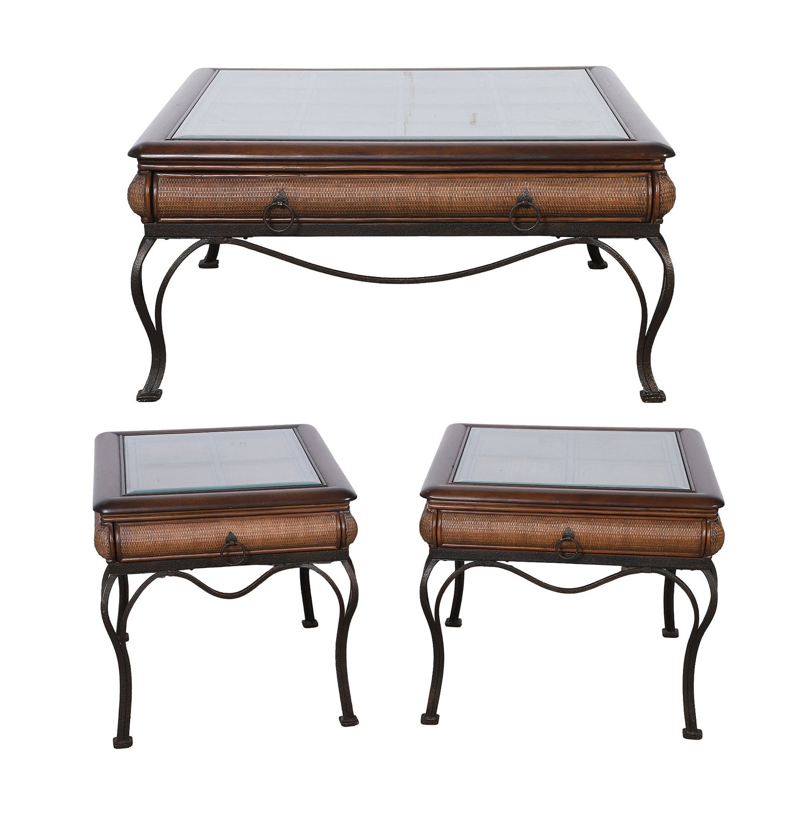 Contemporary (3) Pc. Table Grouping: Contemporary (3) Pc. table grouping, c/o, one square cocktail table, wood, reed, and metal, w/inset glass top, two drawers on side, two rectangular one drawer side tables, wood, reed, and metal