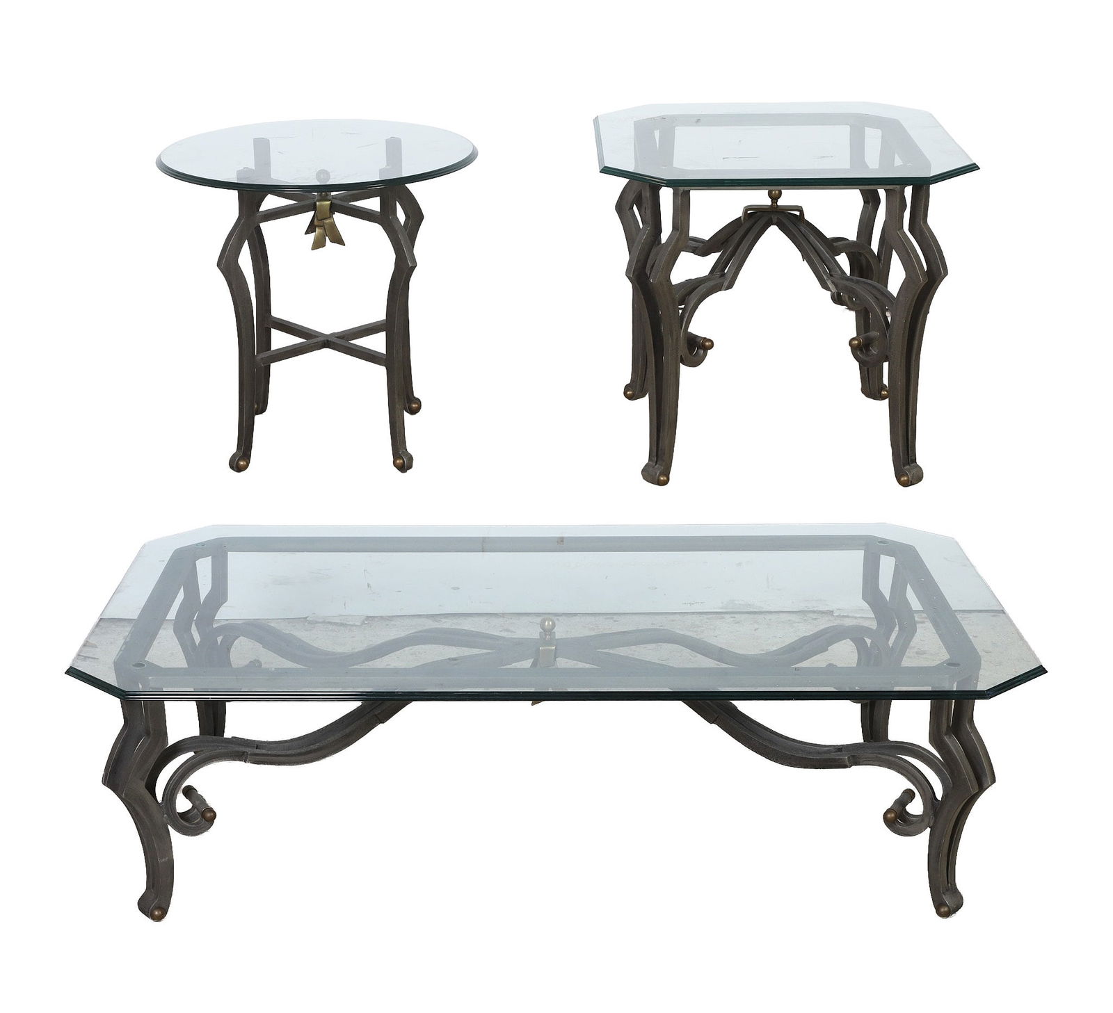 Contemporary (3) Pc. Table Grouping: Contemporary (3) Pc. table grouping, c/o, one rectangular cocktail table, clipped corner double beveled edge glass top, over, cast metal base w/scrolled cross stretcher base, w/center ribbon & ball or