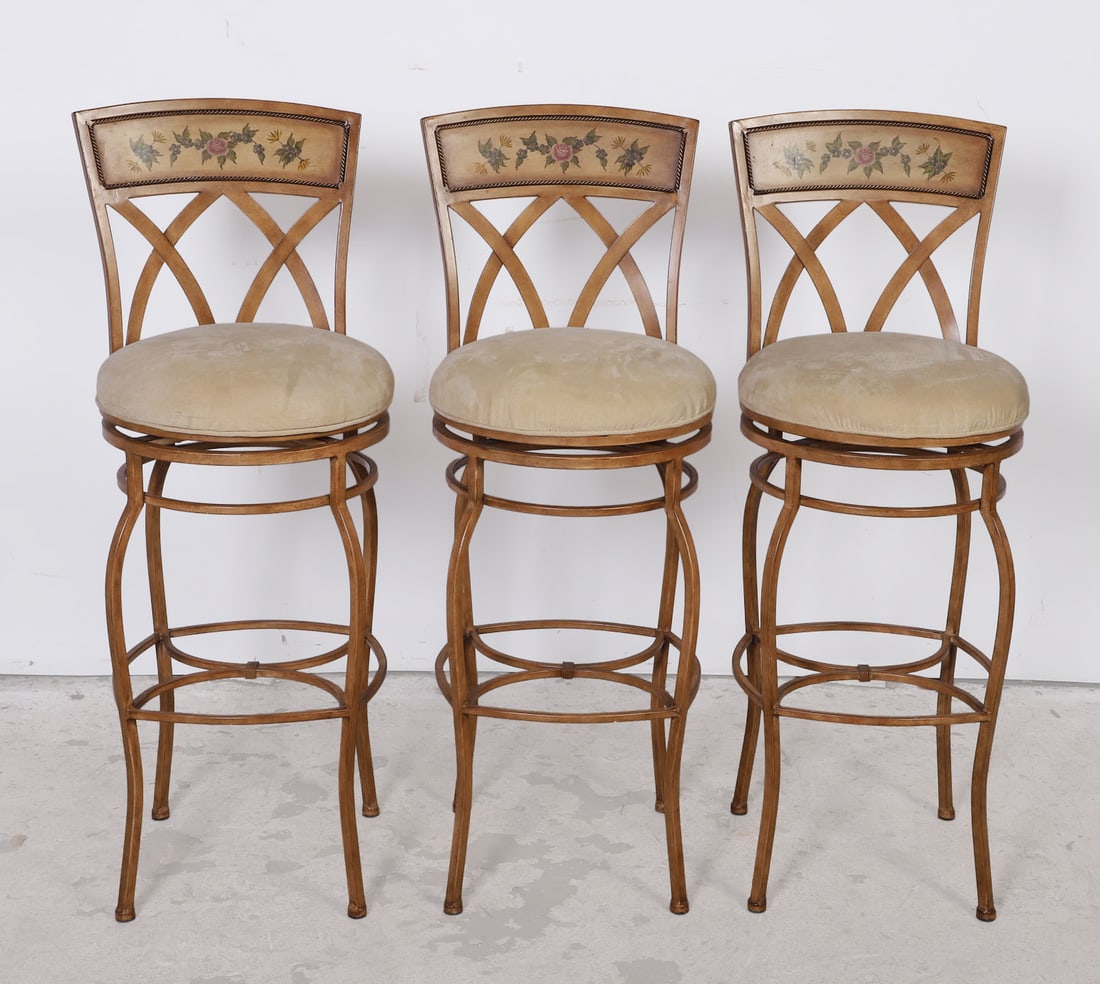 Set of (3) Counter Chairs: Set of (3) counter chairs, Mr. Bar Stool, floral and leaf decorated backs, faux rope twist designs, swivel seats, neutral corduroy upholstered seat cushions, cross stretcher base, footrails, 47"H x