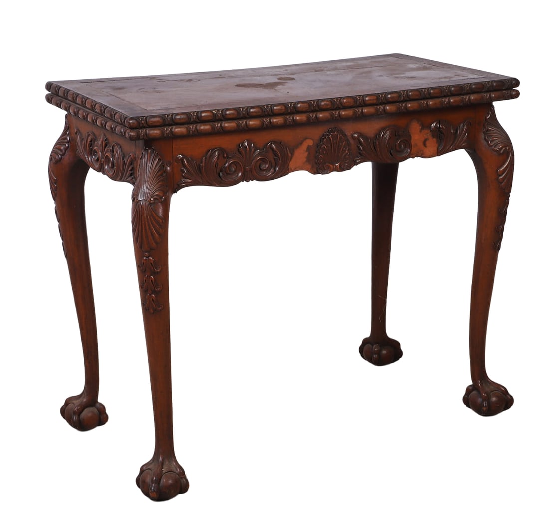 Mahogany Chippendale Style Games Table: Mahogany Chippendale style console to games table, beautiful inlaid top, (w/season splits), green felt inset playing surface, w/wear and loss, stylized gadrooned edge, top turns to reveal game piece