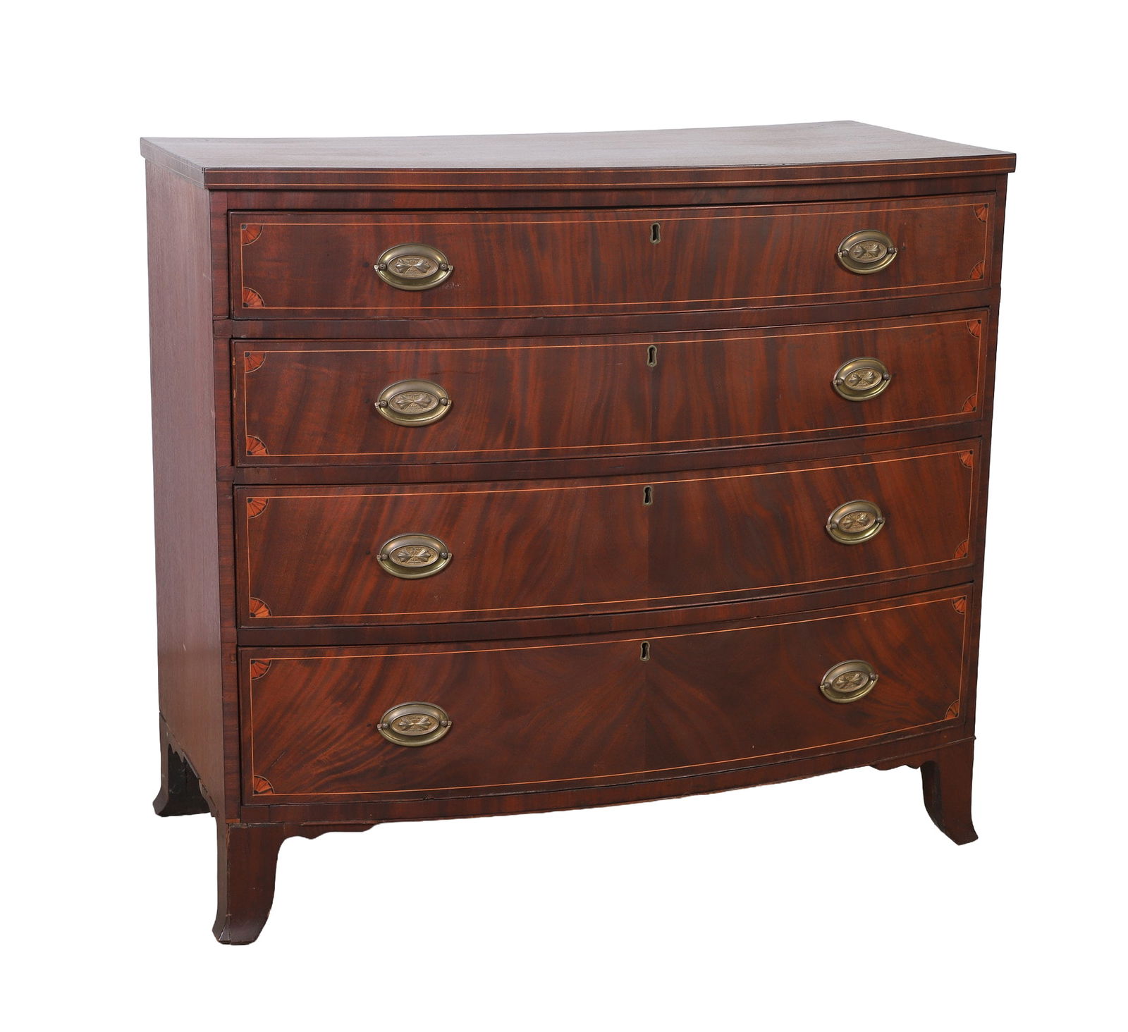 Federal Hepplewhite Style Bachelor's Chest: Federal Hepplewhite style bachelor's chest, four graduated drawers, line and pinwheel inlay, relief decorated oval brass backplates, drop bails, stylized splayed legs, several areas of repair and