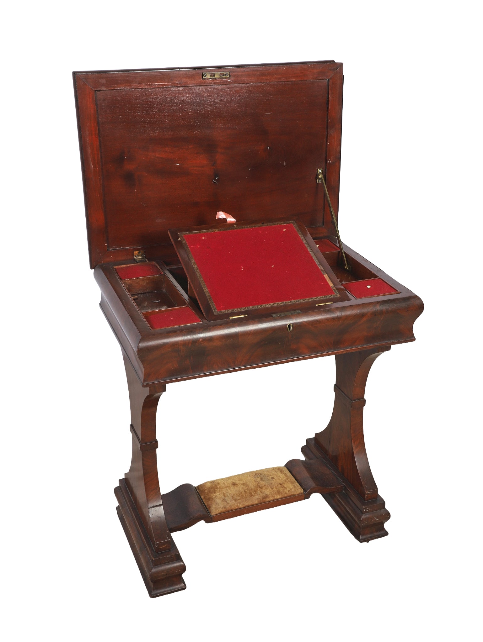 Victorian Mahogany Diminutive Writing Desk: Victorian mahogany diminutive writing desk, lift lid w/brass arm locking mechanism, red felt lined adjustable writing surface, three felt lidded compartments, one missing pull, one pin cushion,