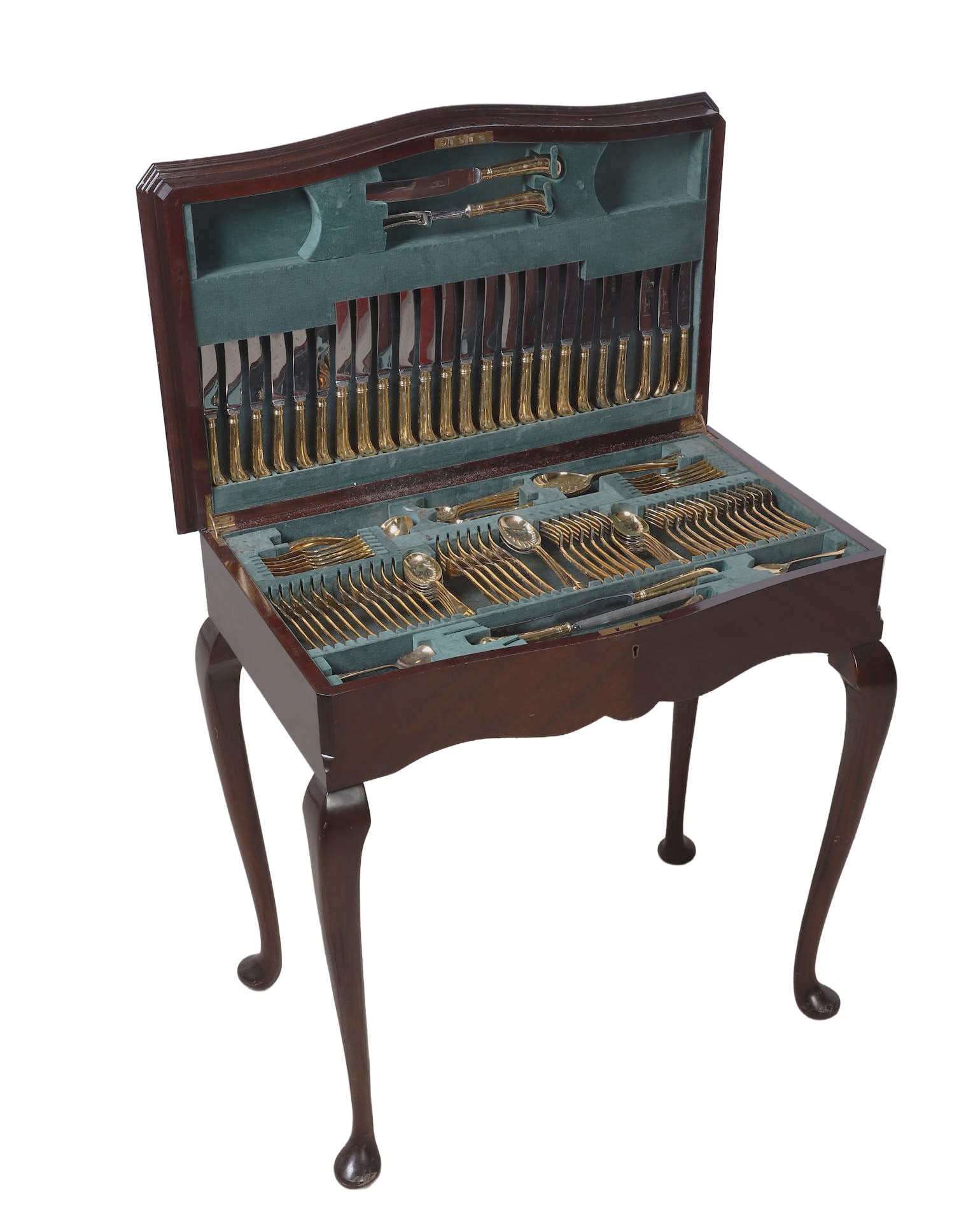 Queen Anne Style Mahogany Canteen Table: Queen Anne style mahogany canteen table, green felt lined interior, serpentine, scalloped apron, cabriole legs, spoon feet, features a comprehensive twelve-piece set of gold plated flatware &