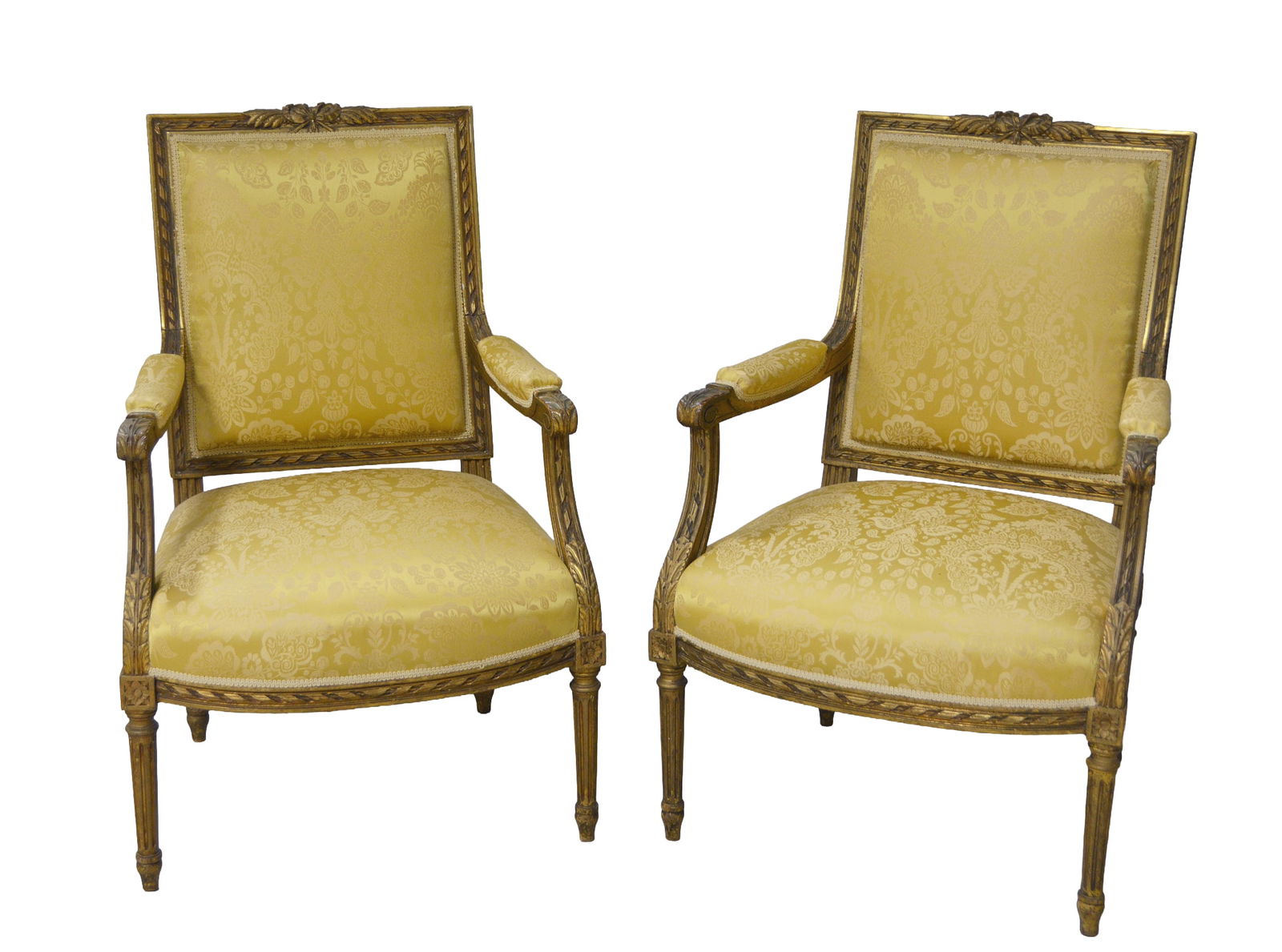 Pair of Louis XVI Style Giltwood Fauteuils: Pair of Louis XVI style giltwood Fauteuils, open armchairs, rectangular backrests, carved gilt frames, fluted legs, yellow silk floral decorated damask upholstery, 39"H x 26"W x 24"D