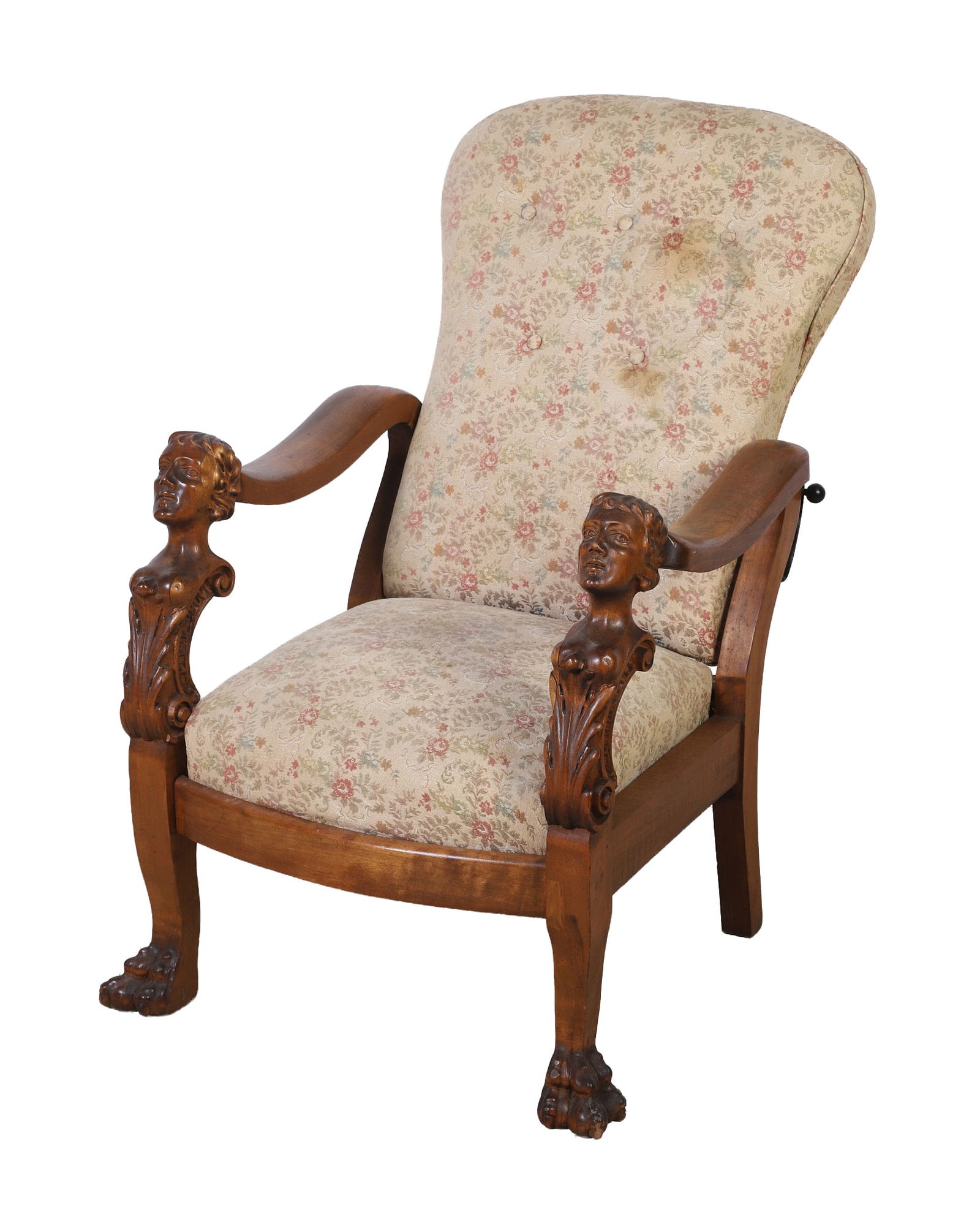 Victorian Morris Chair: Victorian Morris chair, carved arm fronts depicting female maiden busts, over acanthus leaves, terminating in carved claw feet, floral upholstered back and seat, upholstery worn and stained, 42"H x