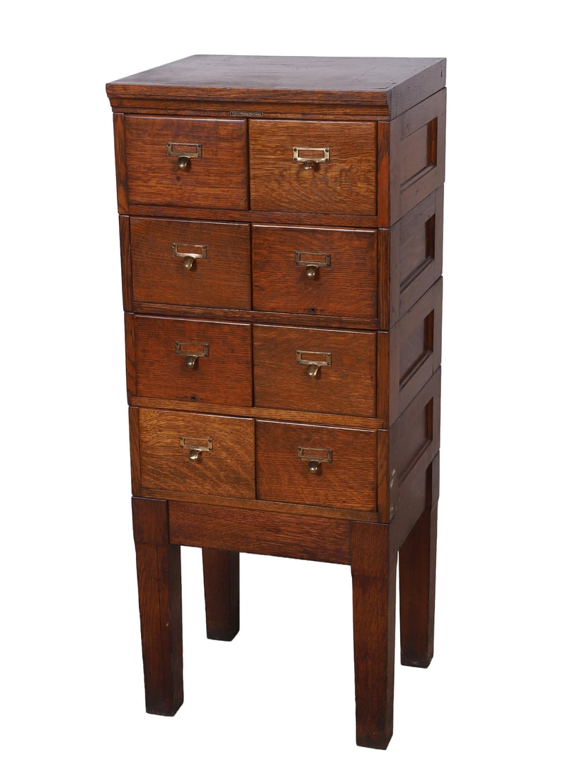 Oak Card Catalog Cabinet: Oak card catalog cabinet, vertical eight-drawer quarter-sawn cabinet on modular leg stand, in six modular stacking pieces, 47"H x 19"W x 17"D