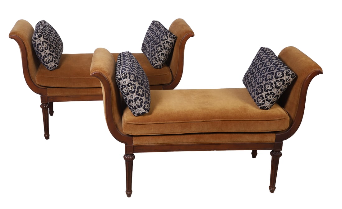 Pair of Louis XVI Style Window Benches: Pair of Louis XVI style window benches, out scrolled arms, fluted tapered legs, mustard yellow velvet upholstery, 33"H x 53"W x 20"D