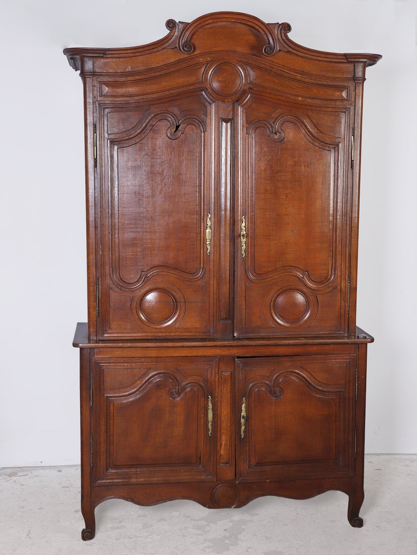 Louis XV style Country French Cupboard: Louis XV style country French cupboard, carved scrolled cornice crown, two raised panel doors, concealing large cubby area, w/two removable fixed shelves, over base, w/two raised panel doors,