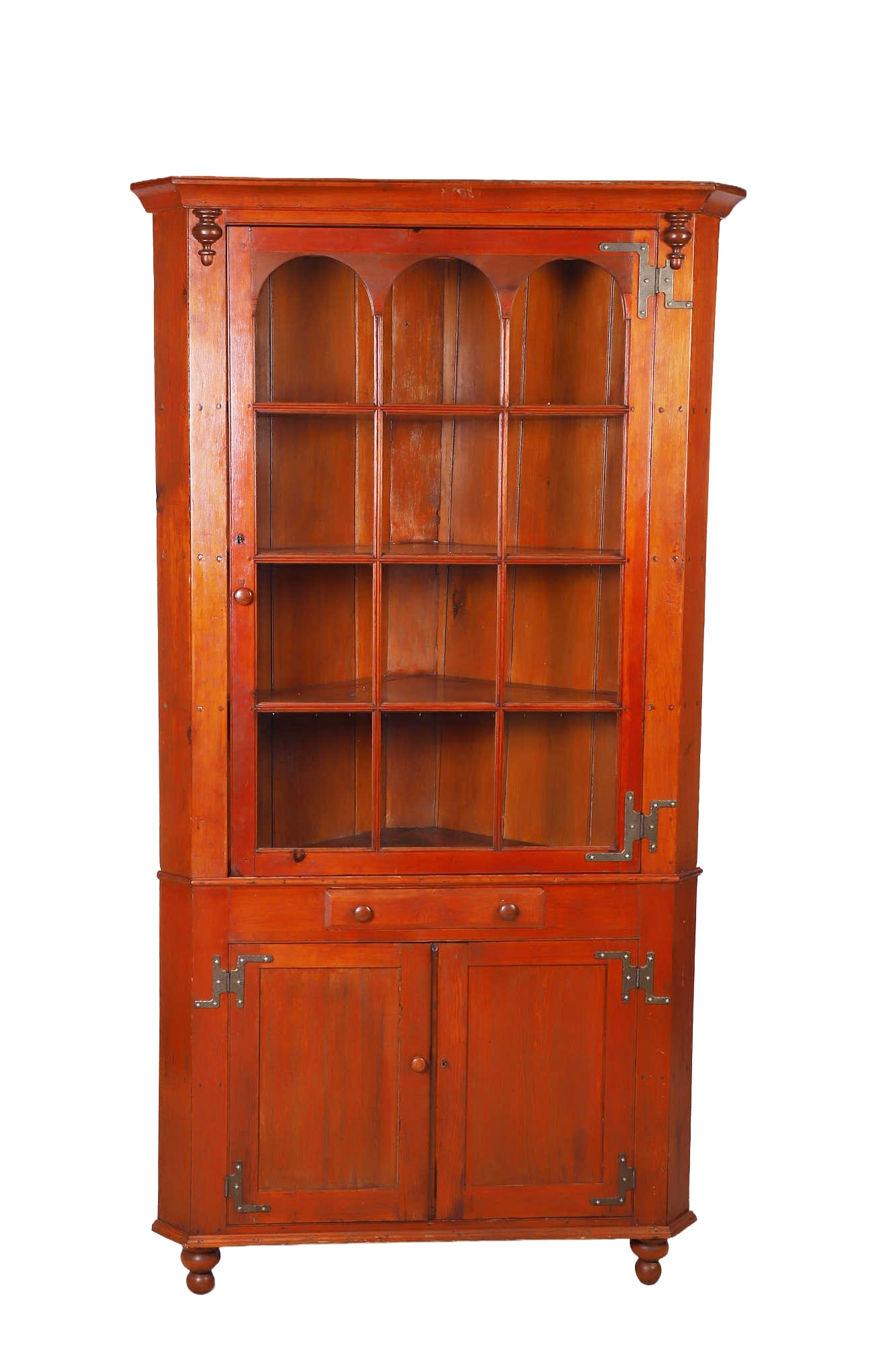American Mixed Wood Two-Piece Corner Cabinet: American Mixed Wood Two-Piece Corner Cabinet, cherry finish, cornice molded crown, single 12 light door, Gothic style arched window openings at top three panes. three fixed shelves, w/plate grooves,