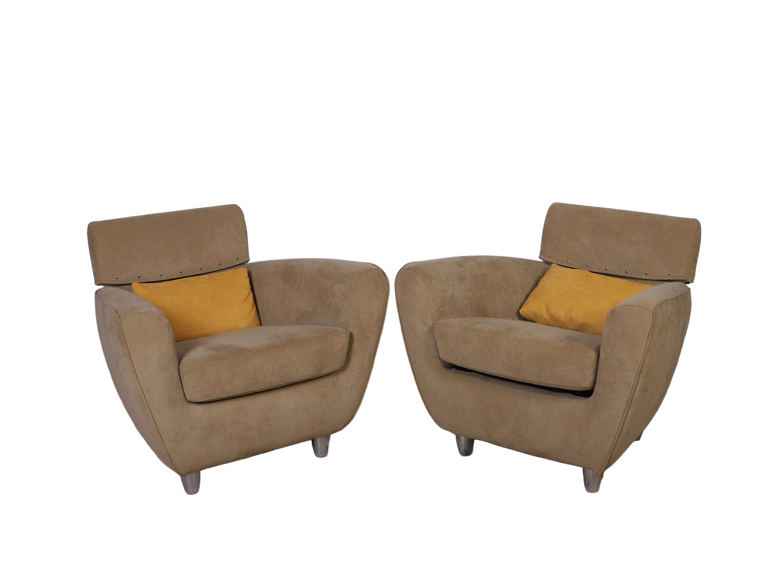 Pair Salon Ligne Roset Armchairs: Pair salon Ligne Roset armchairs, beautiful neutral light beige/sand ultra suede upholstery, chrome feet, 28"H x 34"W x 30"D