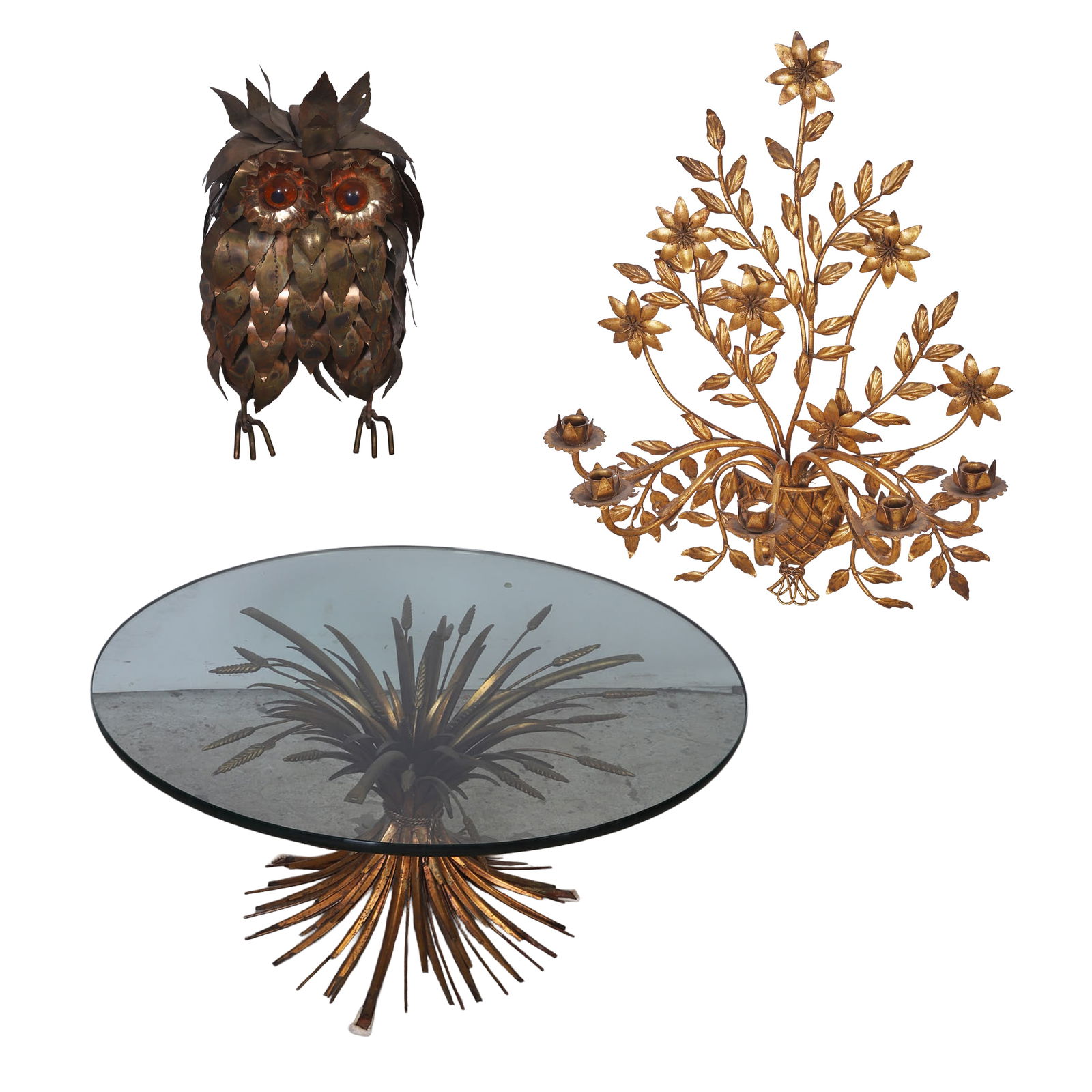 MCM Cocktail Table & Brutalist Owl Sculpture.: MCM Sheaf of Wheat Table & Curtis Jere Sculpture c/o, a Hollywood Regency style cocktail table, w/gilt metal base, shaped like a bundle of wheat tied with a cord, original thick circular glass top, 17