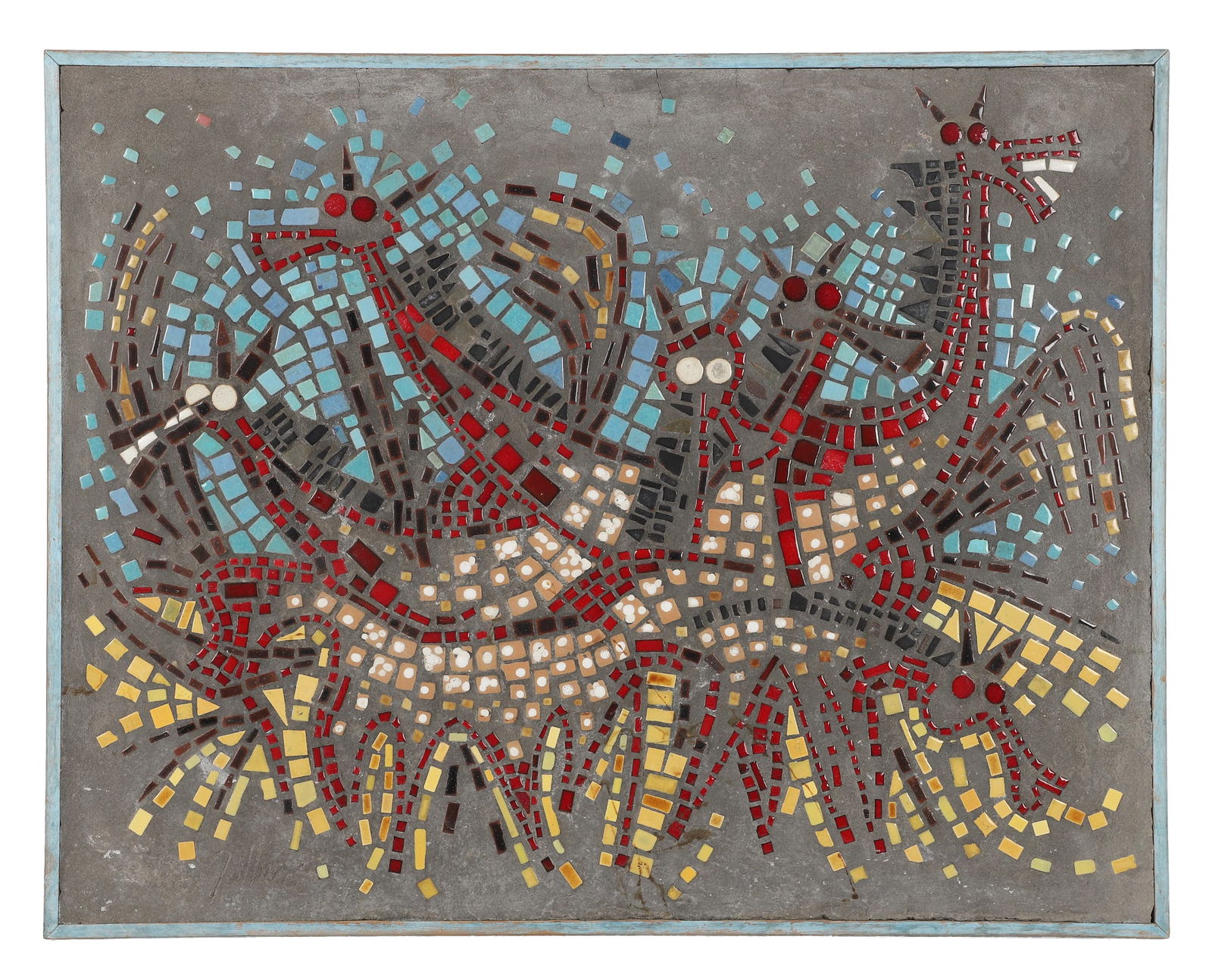 Raymond Gallucci (1923-2005) Modernist Mosaic: Raymond Gallucci (American, 1923-2005) Modernist Mosaic, multi-animal tile mosaic, signed at lower left, inscribed at back 'Purchased 8/25/57 at Long Beach Island Foundation', 25"H x 31 1/2"L framed