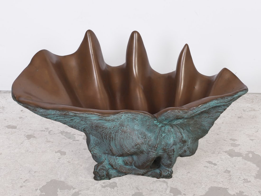 Patinated Oversized Clamshell Vessel: Patinated Oversized Clamshell Vessel, relief cast composite faux bronze patinated clamshell on footed base, apparently unsigned, possibly Maitland Smith, 31 1/2"L x 20"D x 16"H
