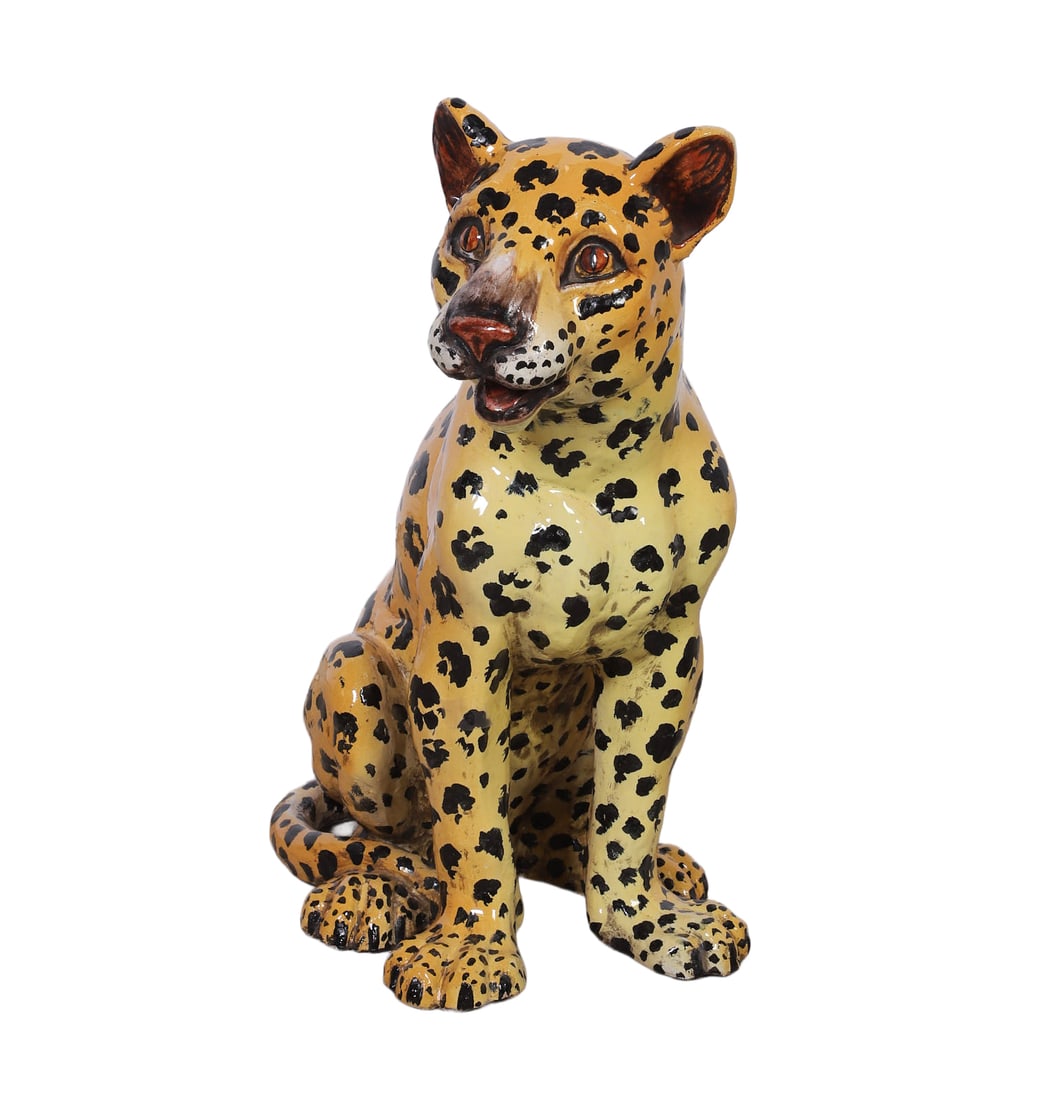 Italian Pottery Seated Leopard Sculpture: Italian Pottery Seated Leopard Sculpture, Meiselman Imports signed under paw, 19 1/4"H
