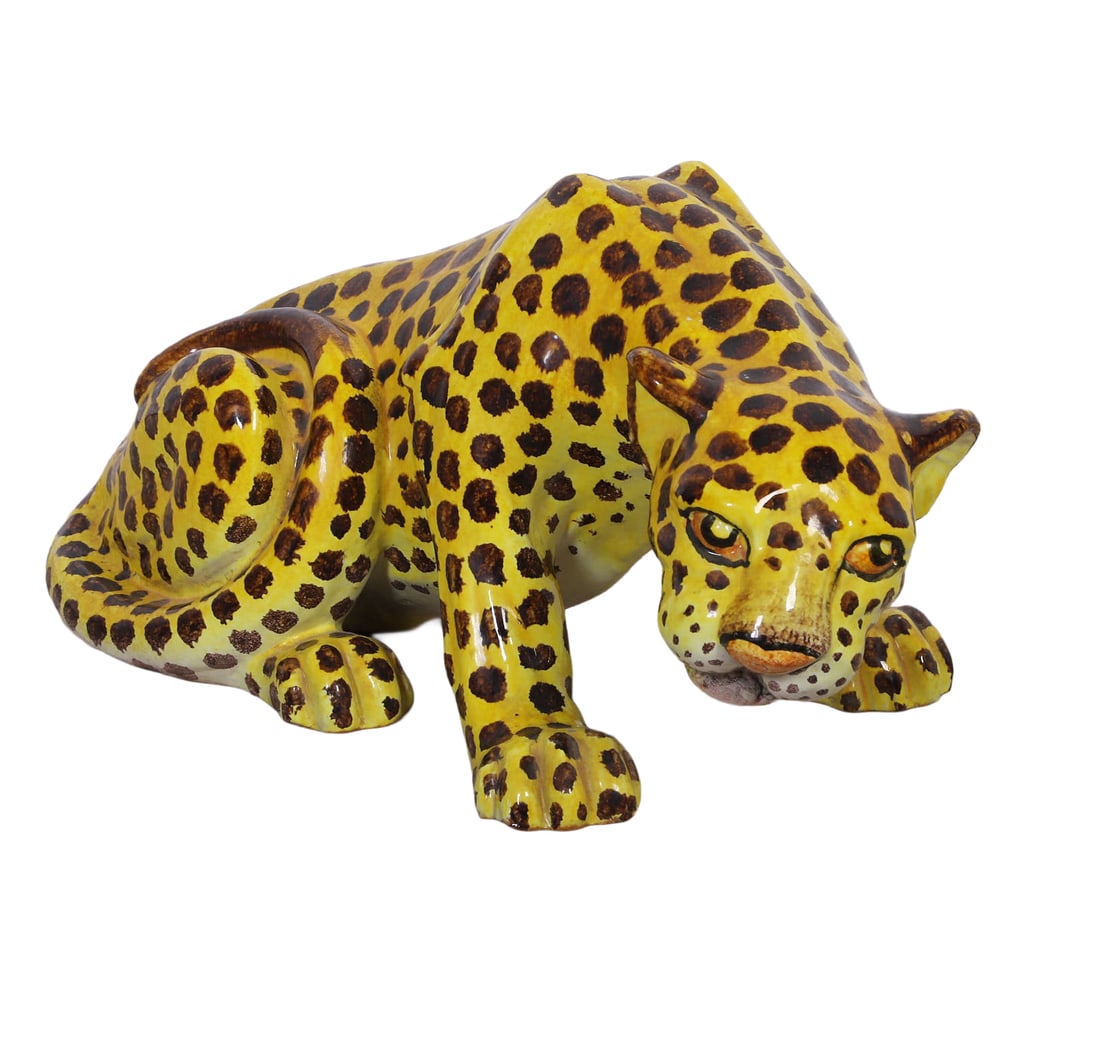 Italian Pottery Figure of a Crouching Leopard: Italian Pottery Figure of a Crouching Leopard, marked made in Italy at underside, 20"L x 11"H