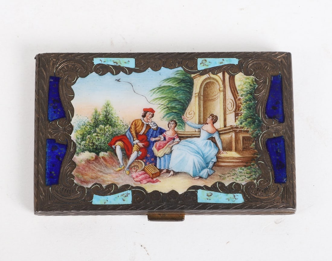 Vintage Fallaci Firenze Italian Silver Gilt Box.: Vintage Fallaci Firenze Italian Silver Gilt Box, hinged exterior top having an enameled scene depicting figures in garden landscape, chased scrollwork to top and throughout bottom, Interior with impre