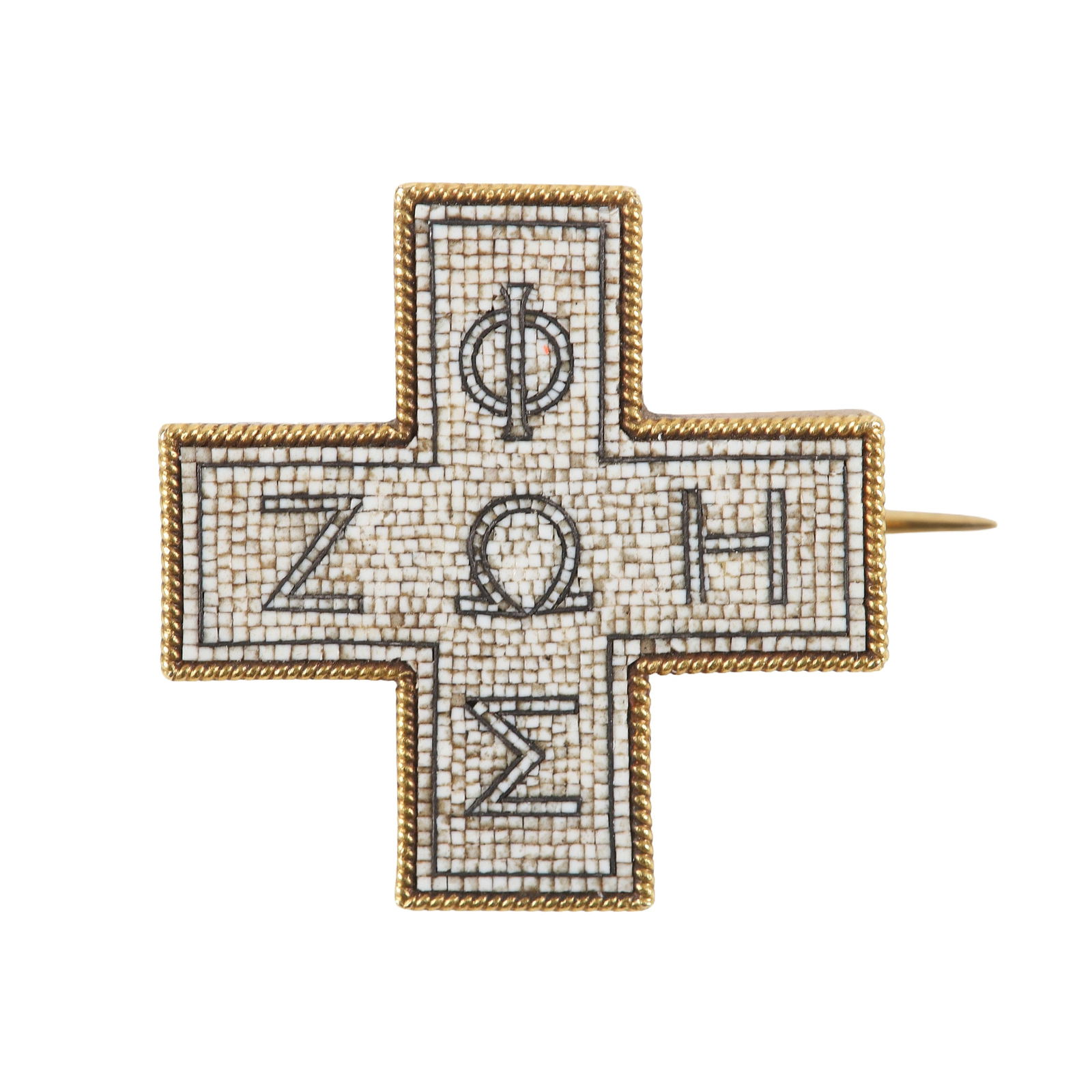 A 19th C Micromosaic Brooch by Castellani: A 19th C Micromosaic Brooch by Castellani, c. 1880, the cross brooch with a central pane of cream tesserae, in black trim, with black tesserae spelling ??? ??? , the ancient Greek for Light and Life,