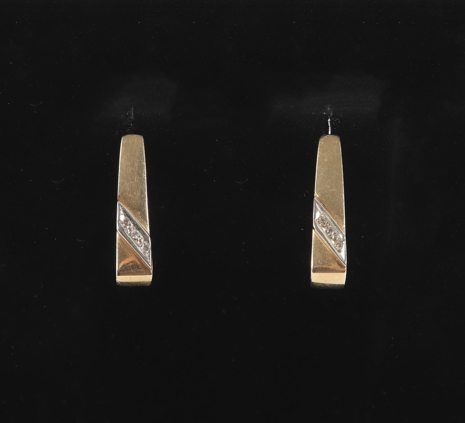 14K Gold and Diamond Pave J Hook Earrings: 14K Gold and Diamond Pave J Hook Earrings, 14K yellow gold bodies with applied white gold diagonal highlight in diamond pave decoration, testing 14K, apparently unsigned, 4.9 DWT