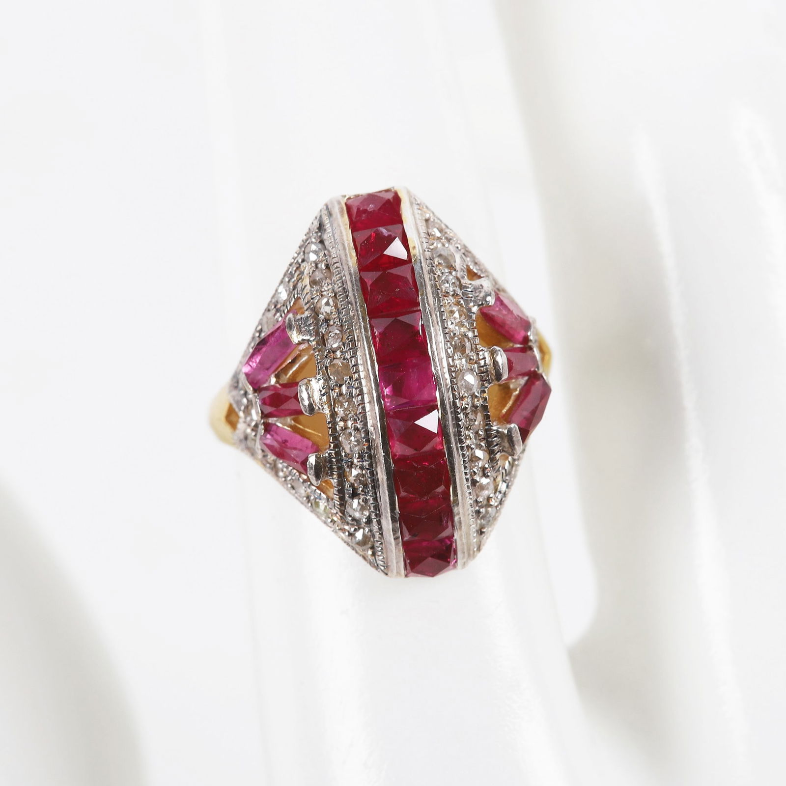 Gold Vermeil Rose Cut Diamond and Ruby Ring: Gold Vermeil Rose Cut Diamond and Ruby Ring, comprised of (38) rose cut diamonds in milgrain surround, (6) ruby baguettes, 3.7 mm x 1.5 mm, with (9) channel set rubies at domed center, 1.6mm x 1.9mm,