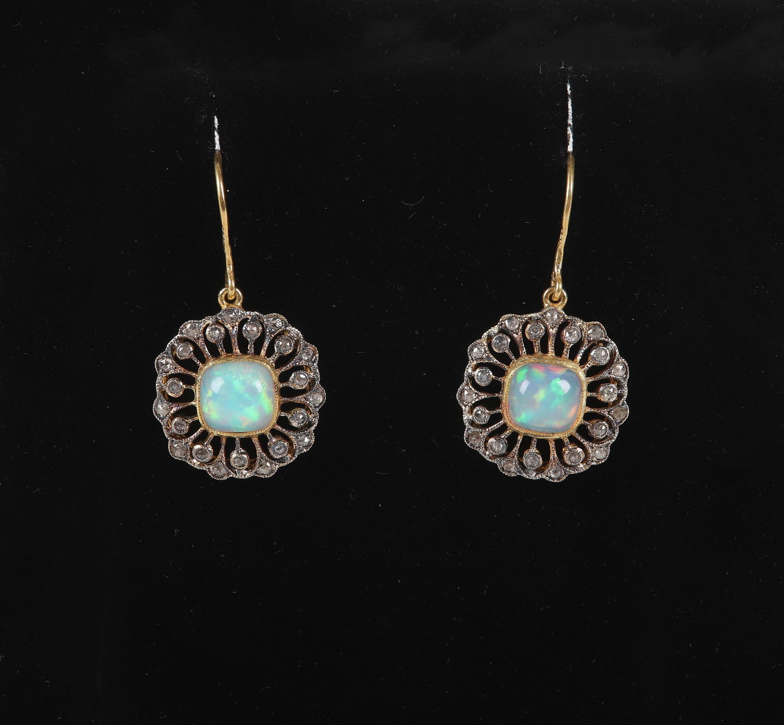 Gold Vermeil Opal and Rose Cut Diamond Earrings: Gold Vermeil Opal and Rose Cut Diamond Earrings, squared cabochon opal center, 6.6mm x 6.8mm, in filigree (22) rose cut diamond surround, suspended on vermeil hook, approx. .40 CTTW diamonds, 3 CTTW o