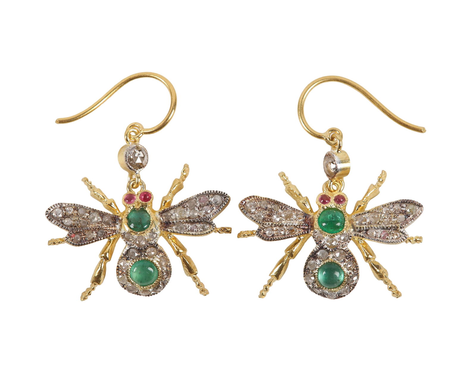 Diamond, Emerald & Spinel Insect Earrings: Rose Cut Diamond, Emerald & Spinel Insect Earrings, in gold vermeil, each comprised of (2) 2-2.6 mm emerald cabochons, (2) spinel cabochons set as eyes, the wings and body in rose cut diamond pave hig