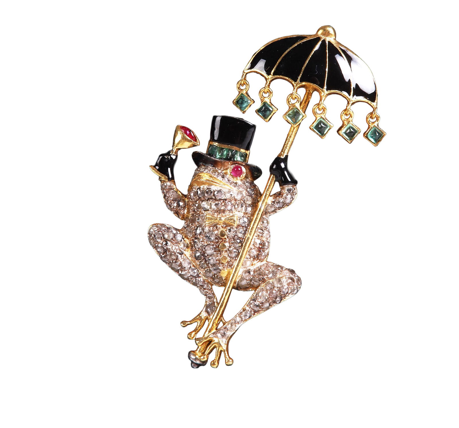 Rose Cut Diamond, Ruby and Emerald Frog Brooch: Rose Cut Diamond, Ruby and Emerald Frog Brooch, a frog fashioned as a brooch/pendant wearing a top hat, drinking a cocktail and sliding down the handle of a small black enameled parasol, his body in r