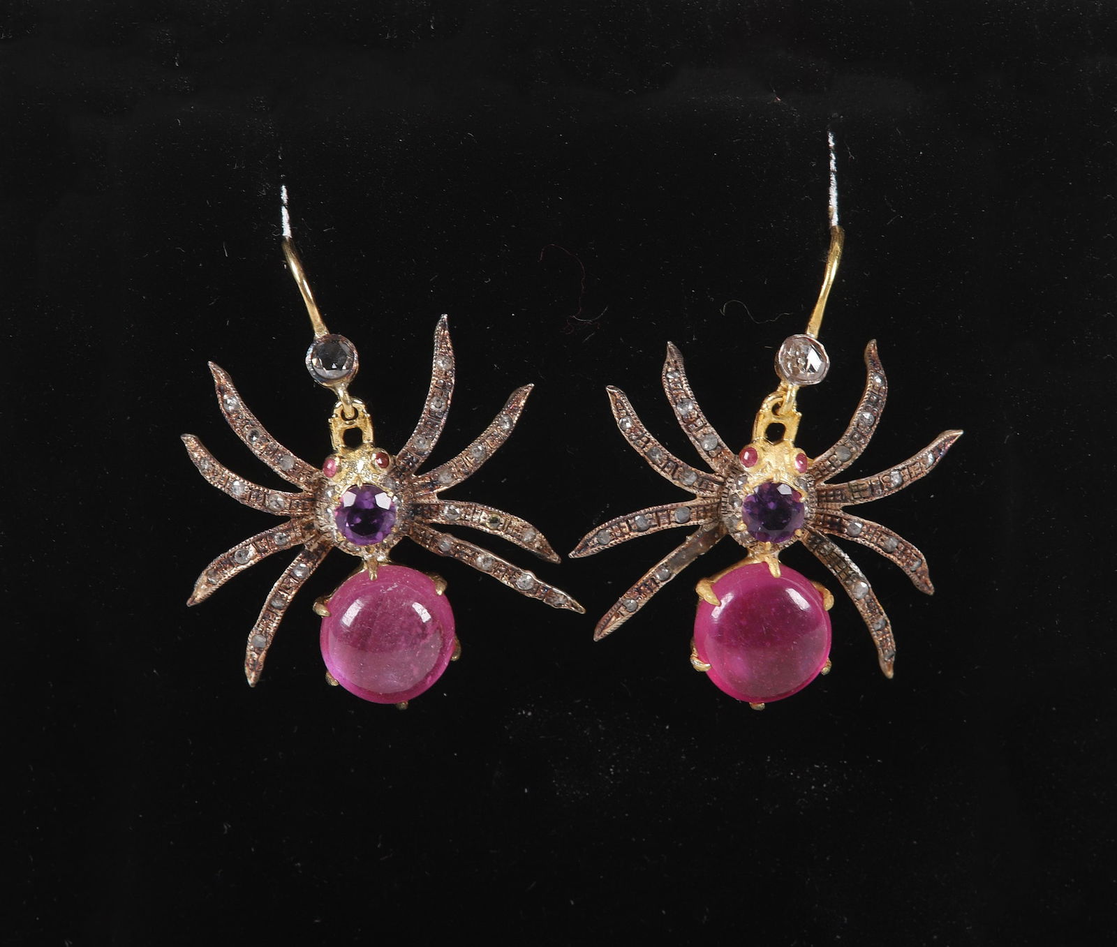 Gold Vermeil Multi-Stone Spider Form Earrings: Gold Vermeil Multi-Stone Spider Form Earrings, each earring in sterling and gold vermeil, set with (16) rose cut diamond pave set legs with approx.. .2 CTW amethyst highlight at center over 1.5 CTW ru