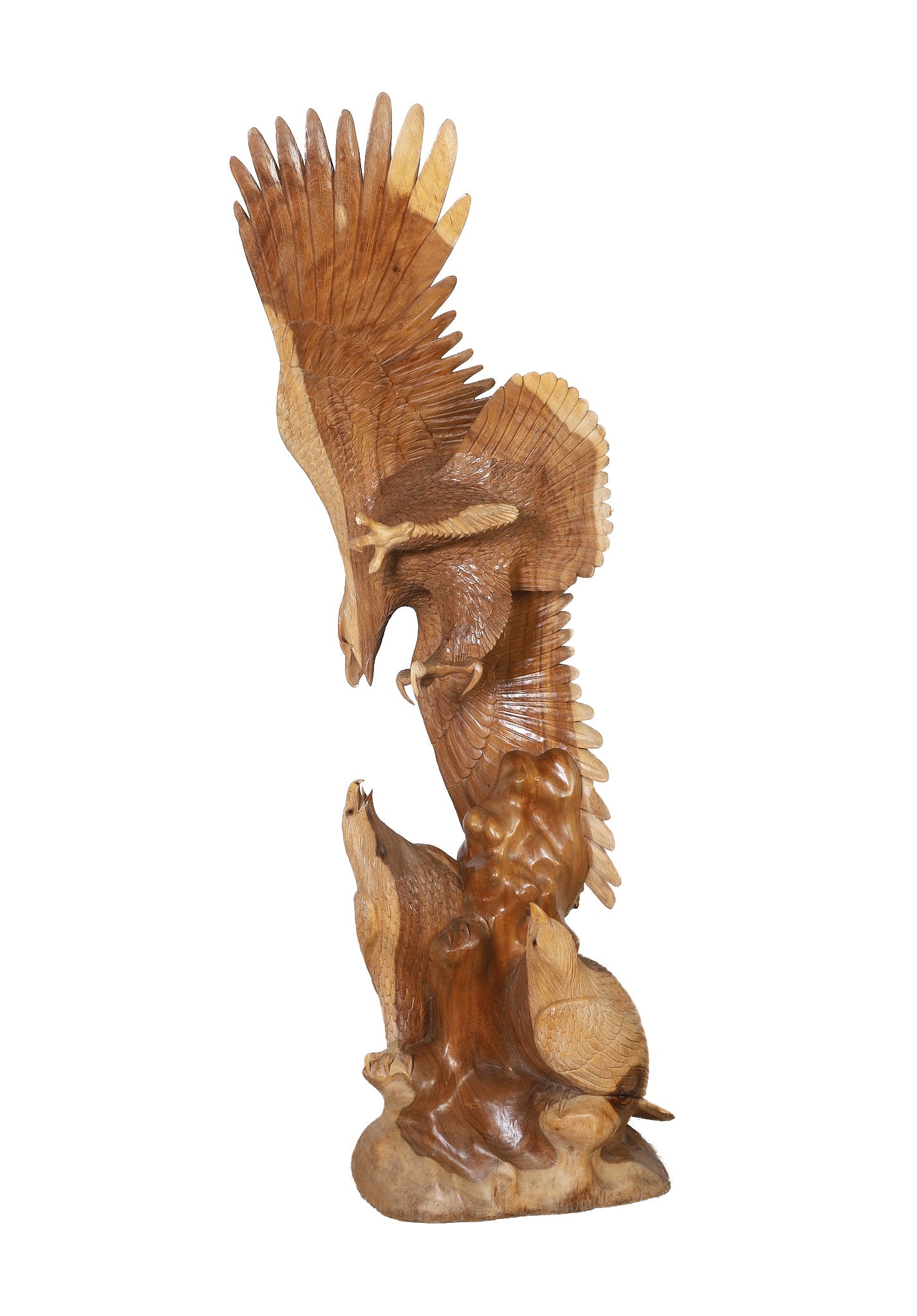 Lodge Decor, Figural Carved Wood Eagles Vignette: An impressive carved timber eagles group. One eagle in flight over the aerie with 2 other eagles. Intricately carved and life-like. Size: 64.5" H x 17" W x 13" D. Repair / small losses.
