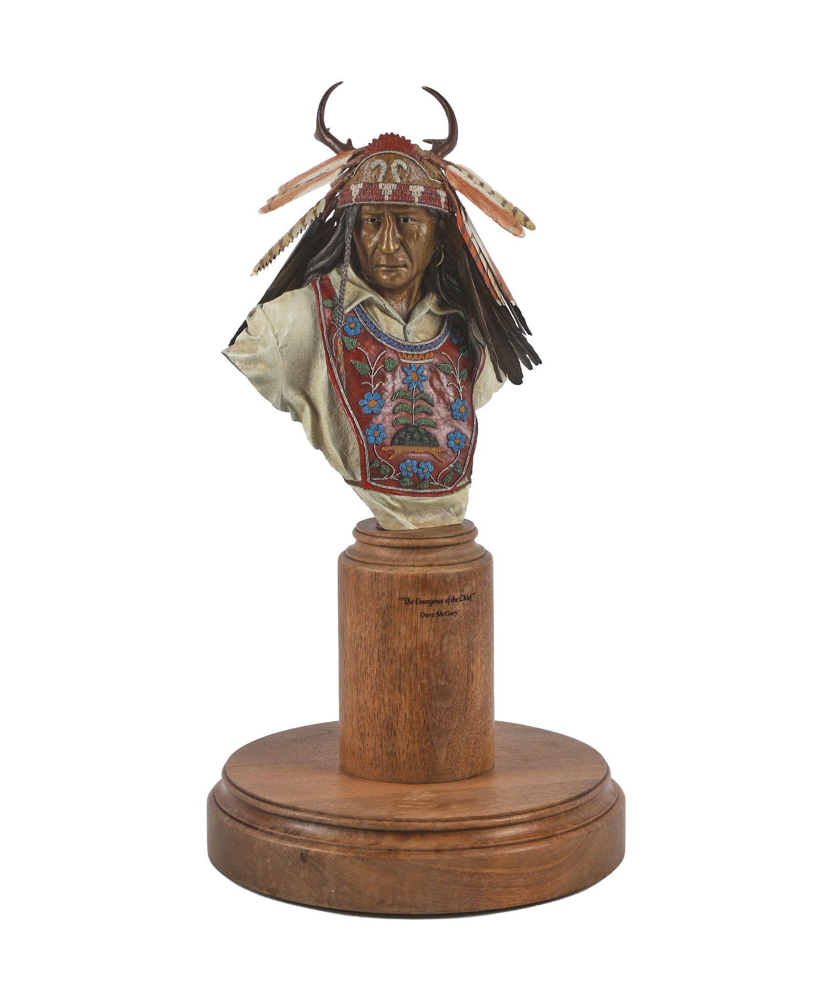 Bronze Sculpture "The Emergence of the Chief": Bronze sculpture "The Emergence of the Chief", bronze with polychrome paint decoration, signed "Dave McGary", edition 6/75, overall height 21" h, from base to top of base approximately 10" tall, bronz