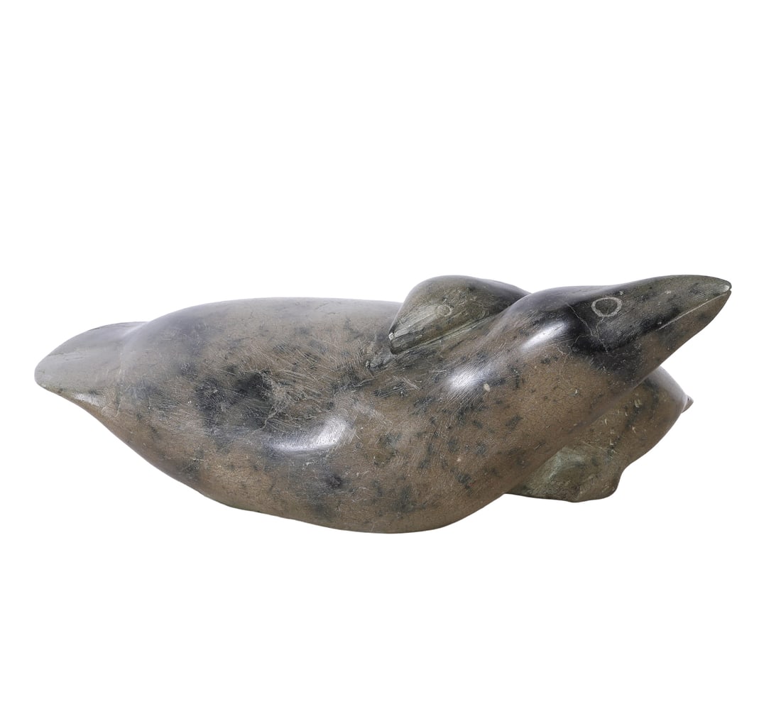 Large Cape Dorset Inuit Sculpture, "Seals": Large Cape Dorset Inuit Sculpture, "Seals", depicting a mother seal and her pup in carved soapstone, unsigned, 8" x 22 1/2" x 17"