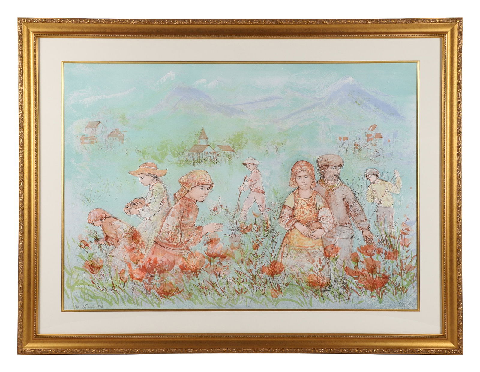 Edna Hibel (20th C, American) Ltd Ed. Lithograph: "Field Near Grenoble" Pastoral scene, villagers in the field. Of an edition numbered VI 35/38 ed. 313. Signed in pencil LRHC. Size: 35.75" H x 47.25" W, frame, 26.75" H x 38.25" W, sight.