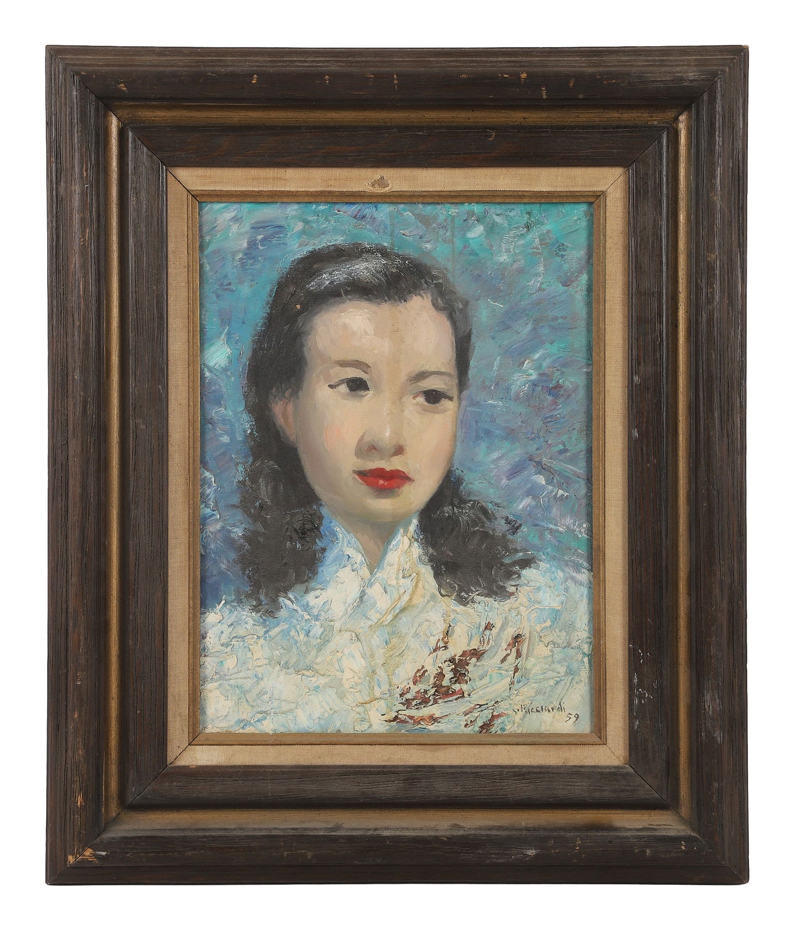 Cesare Ricciardi (American, 20th C) 1959 Portrait: Heavy impasto oil on canvas portrait painting of a young Asian Lady. Signed LRHC, dated 1959. Size: 24.5" H x 20" W, frame, 15.5" H x 11.5" W, frame.