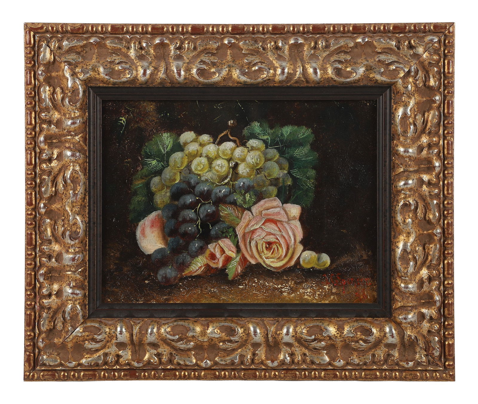 John Clinton Spencer (Rhode Island, 1861-1919): 19th C Still Life Painting. Grapes and roses. OOC. Signed LRHC and on obverse, dated 1898. Newer carved wood acanthus leaf motif frame. Size: 14.75" H x 17.5" W, frame, 8.5" H x 11.5" W, sight.
