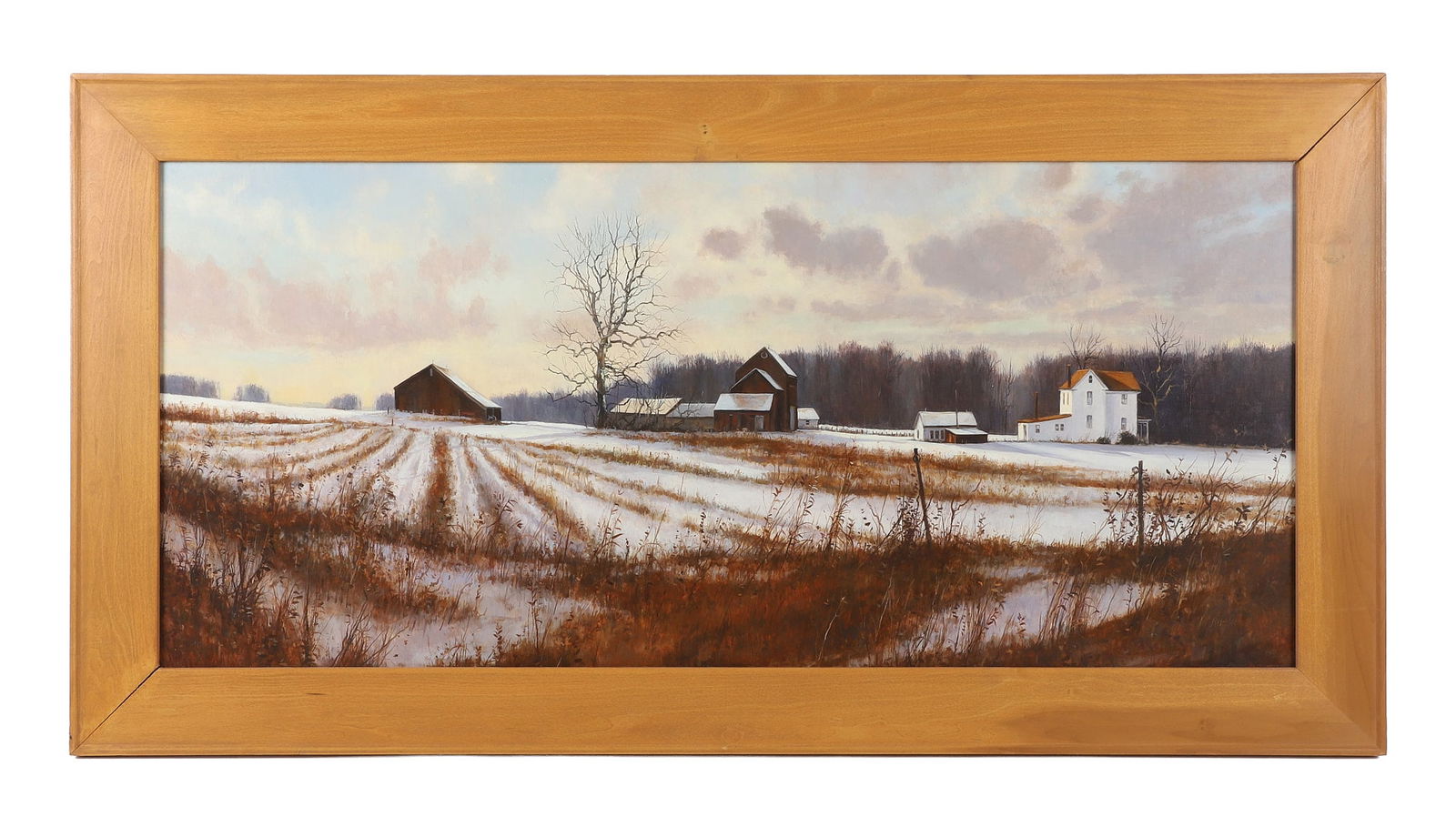 Glenn C. Rudderow (American, 20/21st C) Landscape: "Sheppard's Mill Farmstead" 1998. Oil on linen on panel. Signed LRHC. Painter's label affixed on obverse. Size: 23.5" H x 45.5" W, frame, 17.5" H x 39.5" W, sight.