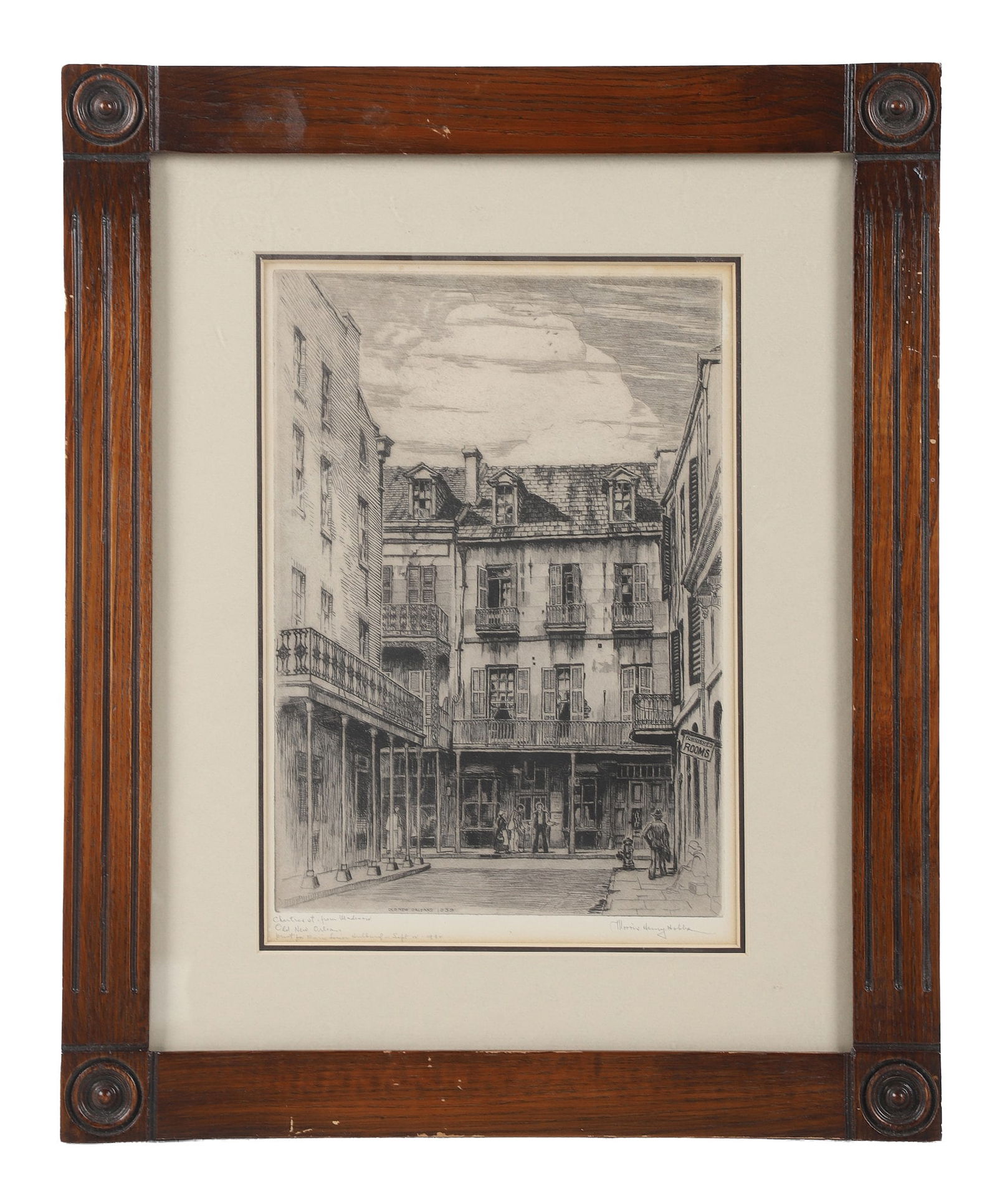 Morris Henry Hobbs (New Orleans, 20th C) Litho: "Old New Orleans, 1939" Signed and inscribed, "Chartres St. from Madison, Old New Orleans, print for Marie Louise Hubbard, Sept. 12, 1942." Framed under glass. Size: 16.5" H x 13.5" W, frame, 10.5" H