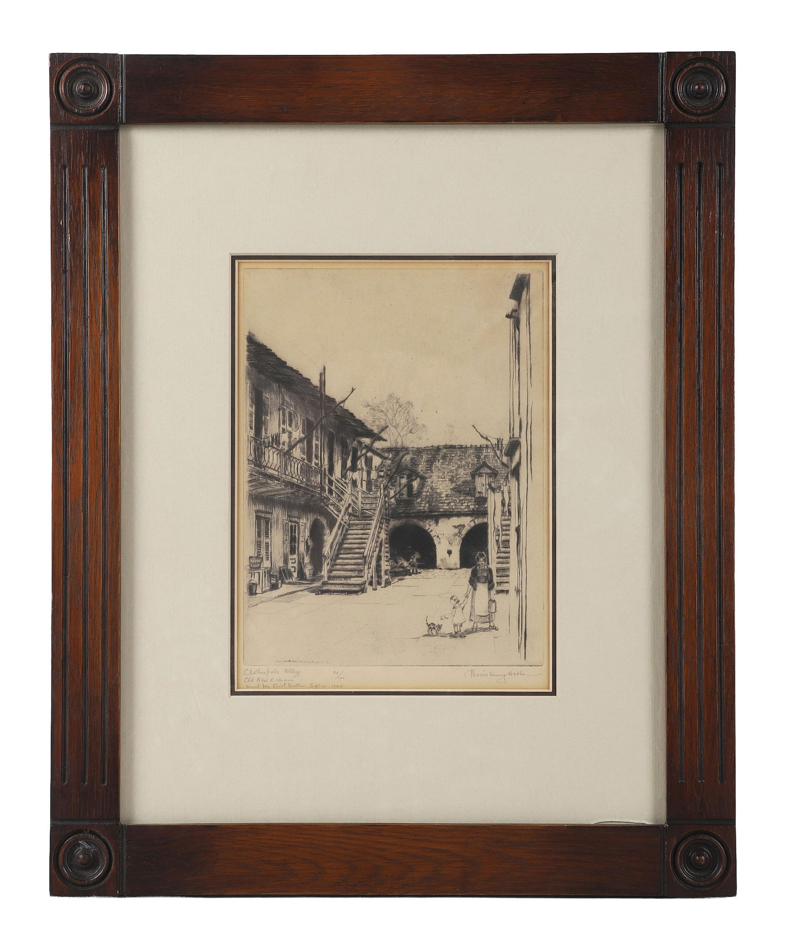 Morris Henry Hobbs (New Orleans, 20th C) Litho: "Old New Orleans" Of an edition of 100. Signed and inscribed, "Clothes Pole Alley, Old New Orleans, Print for Eliot Dalton, Sept 12, 1942. Size: 16.5" H x 13.5" W, frame, 8.5" H x 6.25" W, sight.
