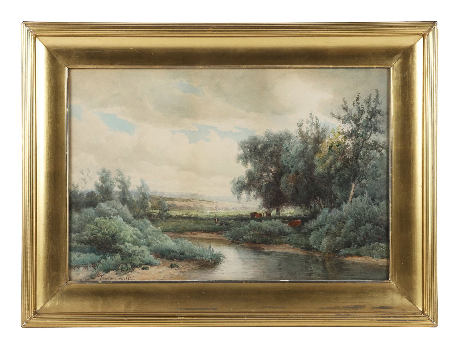 Hendrik Dirk Kruseman Van Elten (Dutch, 19th C): Pastoral Landscape. Watercolor painting. Framed under glass, signed LLHC. Size: 22" H x 30" W, frame, 15.75" H x 23.75" W, sight.