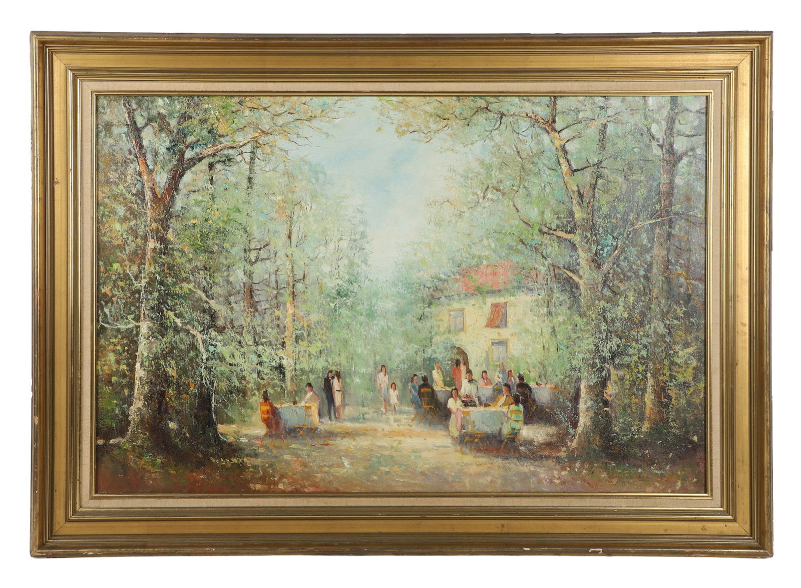 Willi Bauer (German, 1923-) Oil on canvas: Willi Bauer (German, 1923-) Oil on canvas. Impressionist garden party in a lush landscape with rustic European building, unsigned, 24" x 36" sight, framed 30 1/4" x 43" (some losses to frame finish).