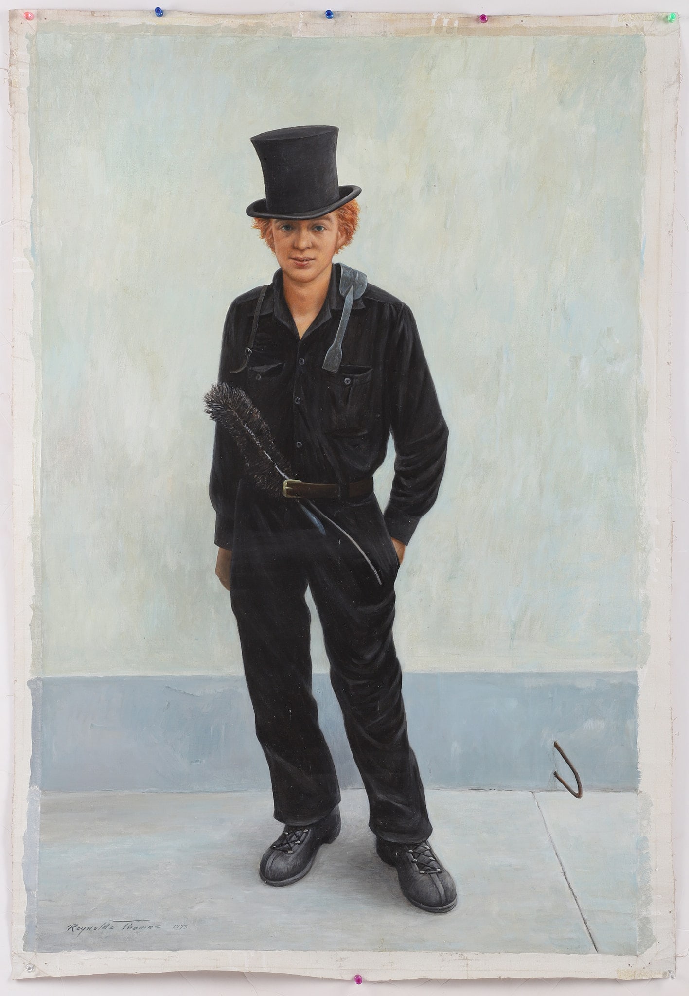 Reynolds Thomas, 'Max': Reynolds Thomas (American, 1927-1991, DE/PA Artist), 'Max', oil on canvas, unstretched, depicting a young chimney sweep, signed lower left "Reynolds Thomas 1973", titled at back, 41 1/4"H x 28 1/4"W
