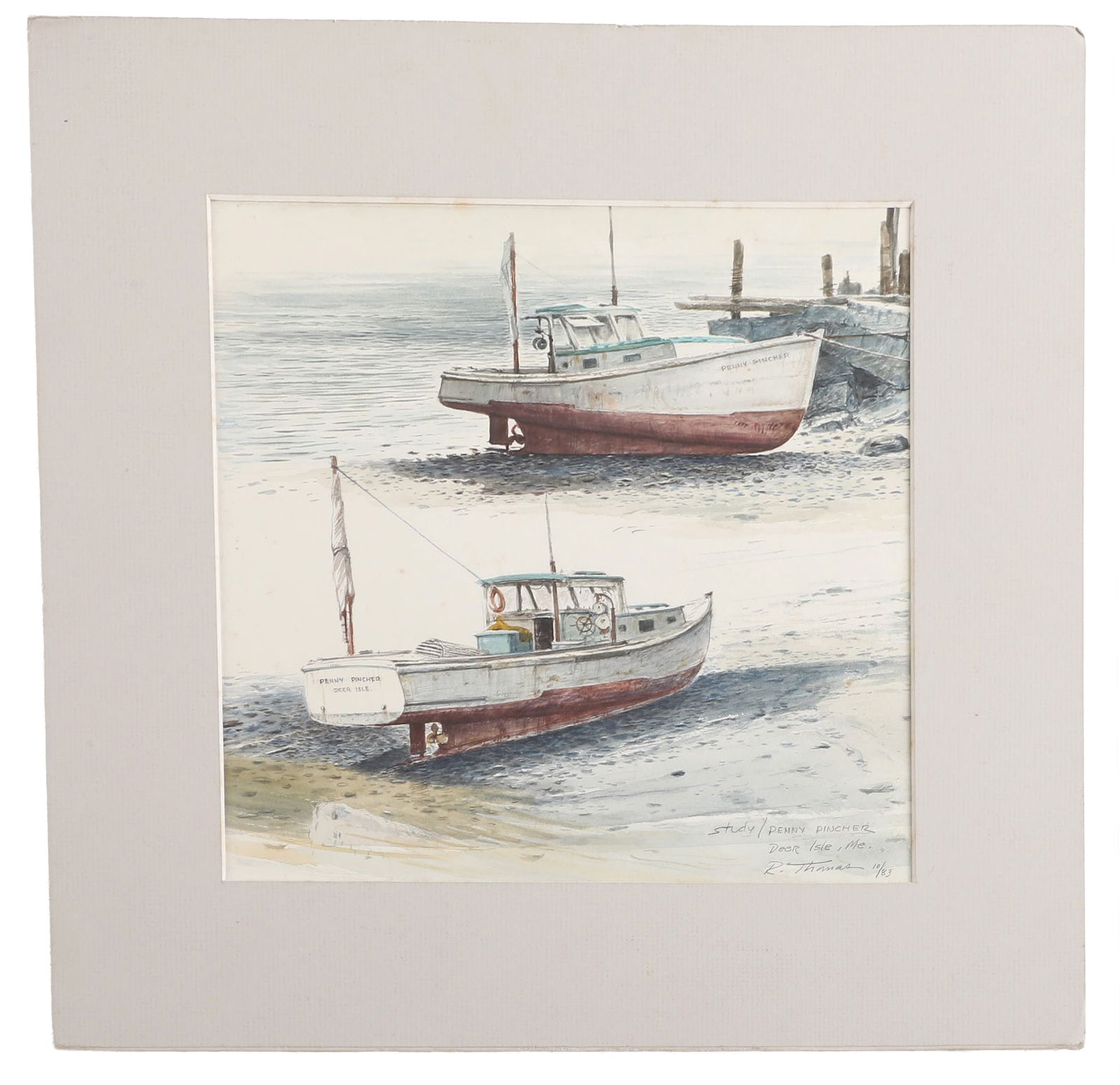 Reynolds Thomas Watercolor Study, 'Lobster Boat': Reynolds Thomas (American, 1927-1991, DE/PA Artist) Watercolor Study, 'Lobster Boat' , on Bainbridge Board Number 80, signed at lower right "Study / Penny Pincher Deer Isle, Me. R. Thomas 10/83",