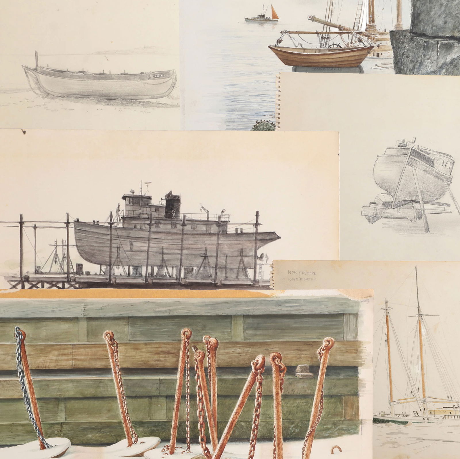 (5) Reynolds Thomas Works on Paper: (5) Reynolds Thomas (American, 1927-1991, DE/PA Artist) Works on Paper to include a watercolor on paper 'Tugboat Study', 8 1/2"H x 10 3/4"W, signed R. Thomas lower right, mixed media watercolor and pe