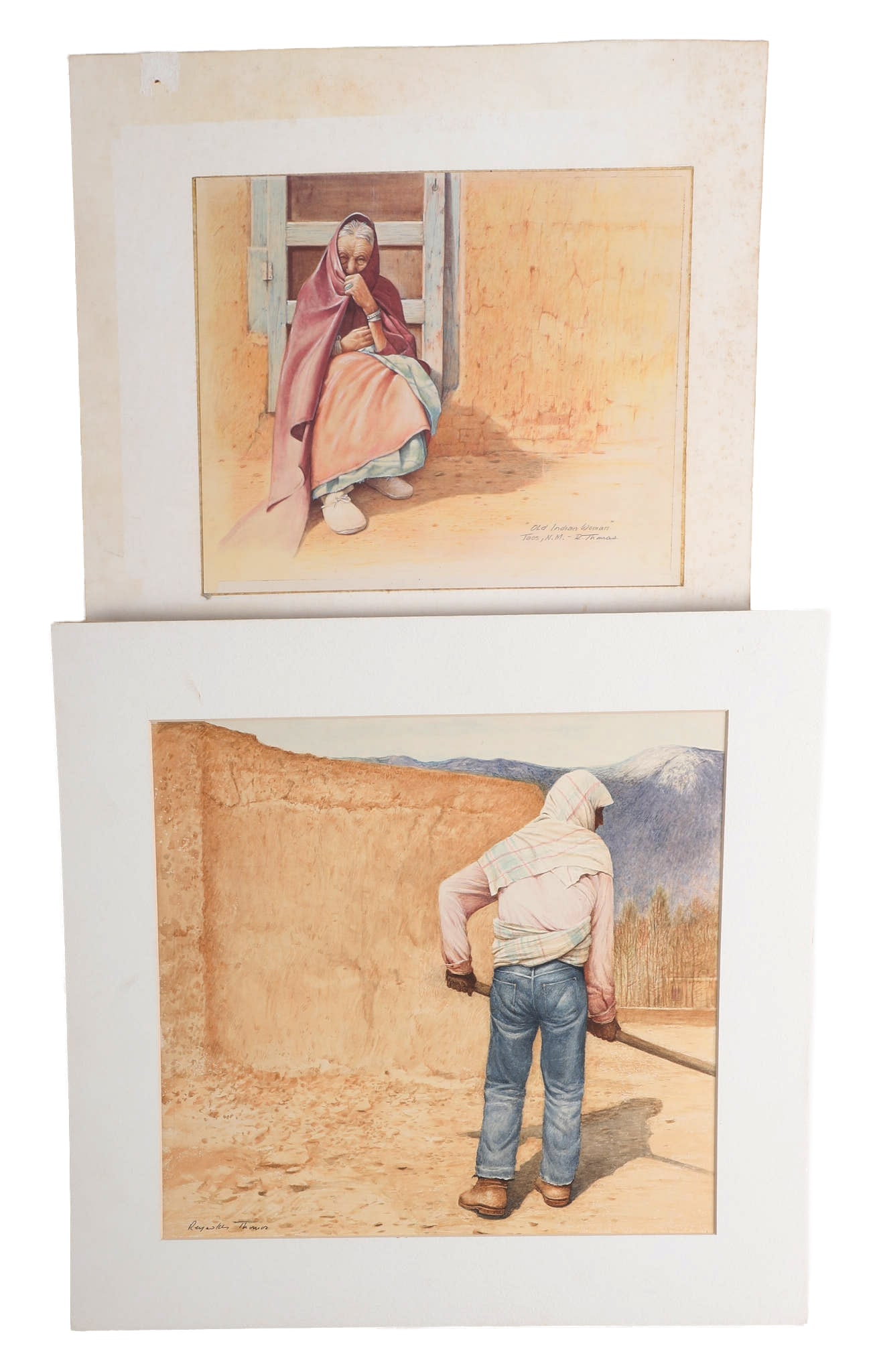 (2) Reynolds Thomas Mixed Media Works: (2) Reynolds Thomas (American, 1927-1991, DE/PA Artist) Mixed Media Works to include 'Valley Farmer, Taos Valley' watercolor dry brush painting on board, signed "Reynolds Thomas" lower left, Kennedy